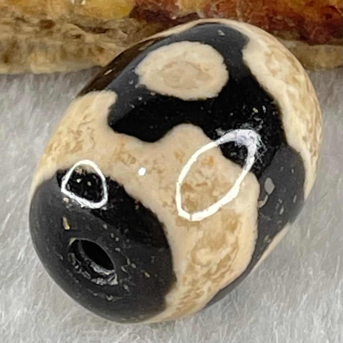 Natural Powerful Tibetan Old Oily Dark Brown With White Agate 3 Eyes Dzi Bead Heavenly Master (Tian Zhu) 三眼天诛 4.97g 17.8 by 13.4mm - Huangs Jadeite and Jewelry Pte Ltd