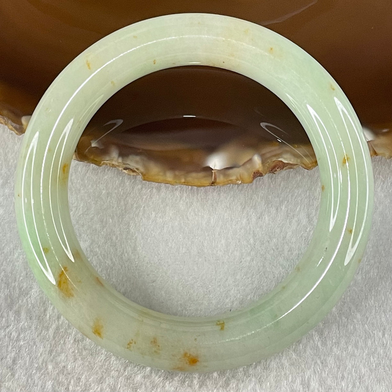 Type A Light Apple Green with Brownish Red Patches Jadeite Bangle 69.71g Internal Diameter 52.8mm 12.4 by 11.0mm (Close to Perfect) - Huangs Jadeite and Jewelry Pte Ltd
