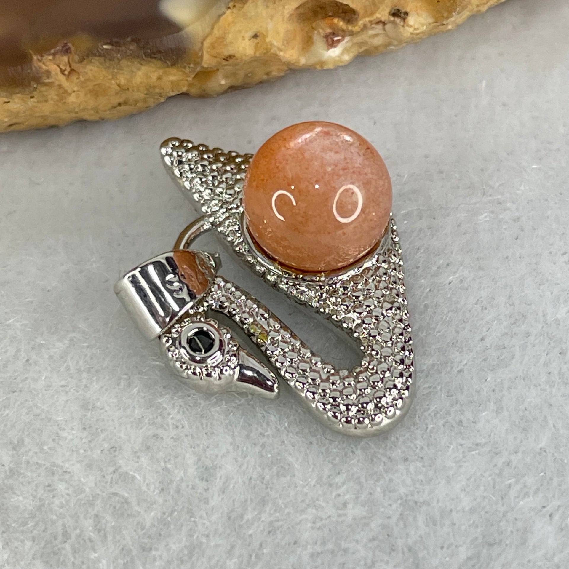 Natural Sunstone Bead with Crystals in S925 Sliver Swan Charm 3.26g 7.8mm - Huangs Jadeite and Jewelry Pte Ltd