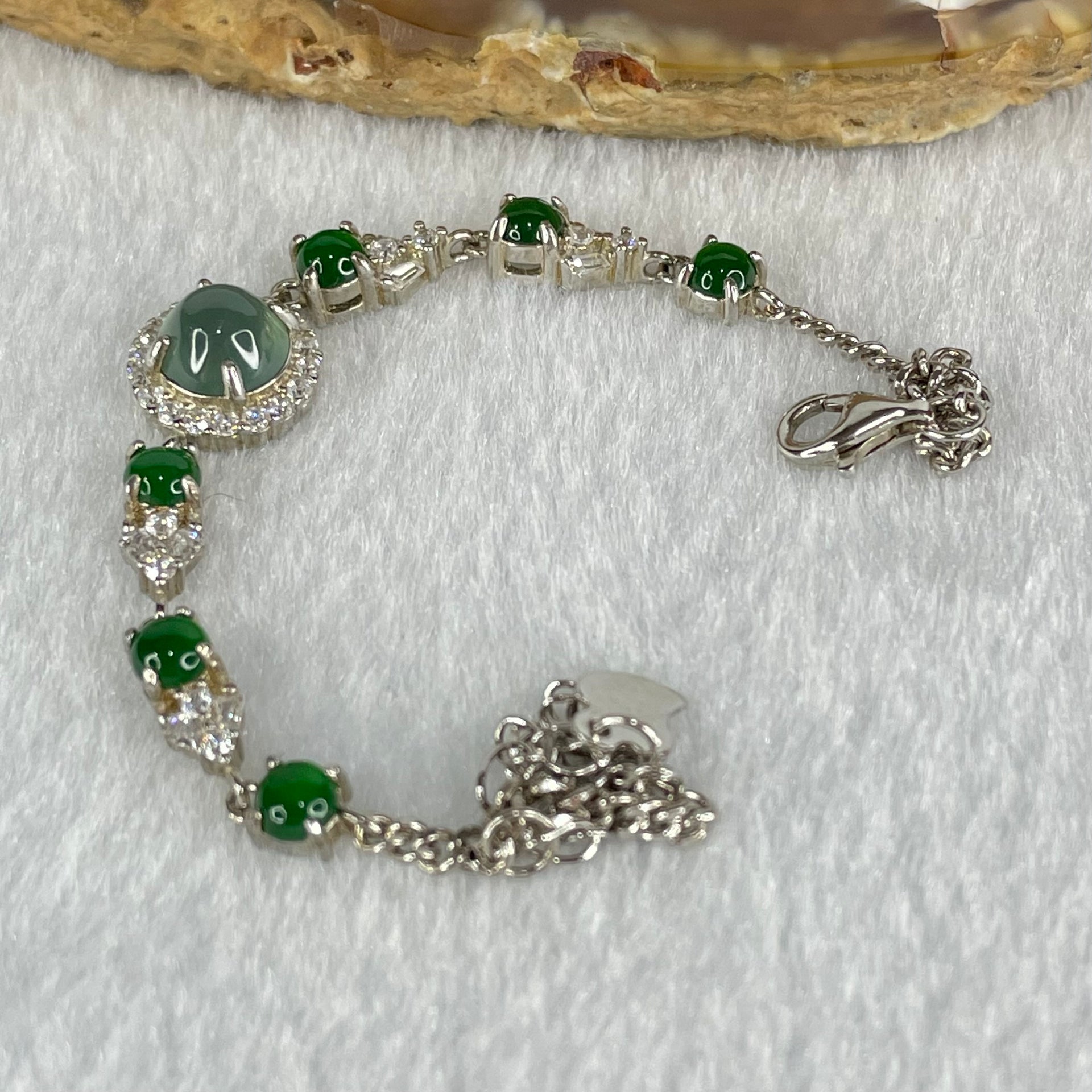 Type A Icy Blueish Green 6.8 by 4.0mm and Icy Green Omphasite Jadeite Cabochon With Crystals in S925 Sliver Bracelet 4.75g - Huangs Jadeite and Jewelry Pte Ltd