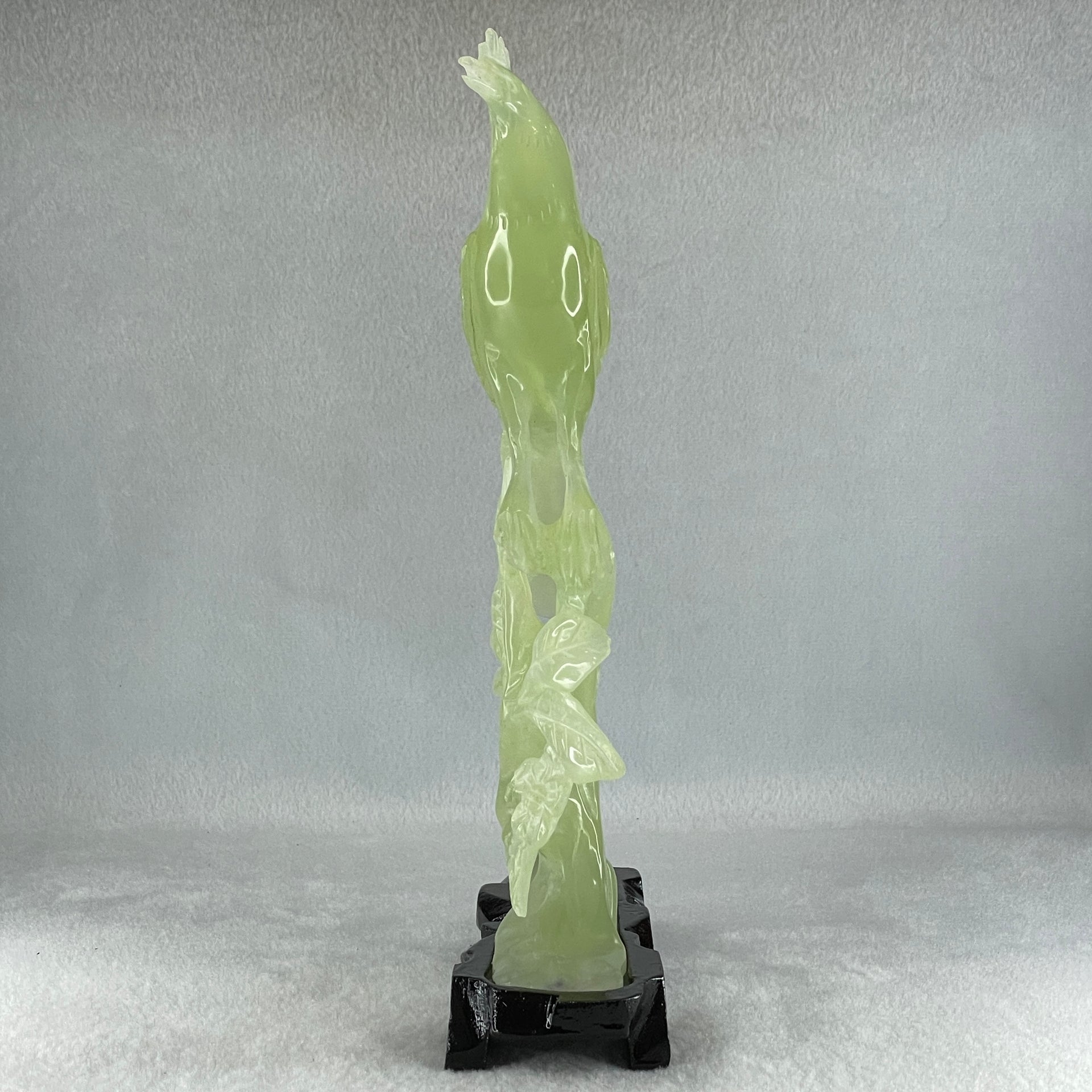 Natural Green Serpentine Javan Mynah Birds on Tree with Wooden Stand Display 388.9g 130.0 by 258.0 by 64.0mm - Huangs Jadeite and Jewelry Pte Ltd