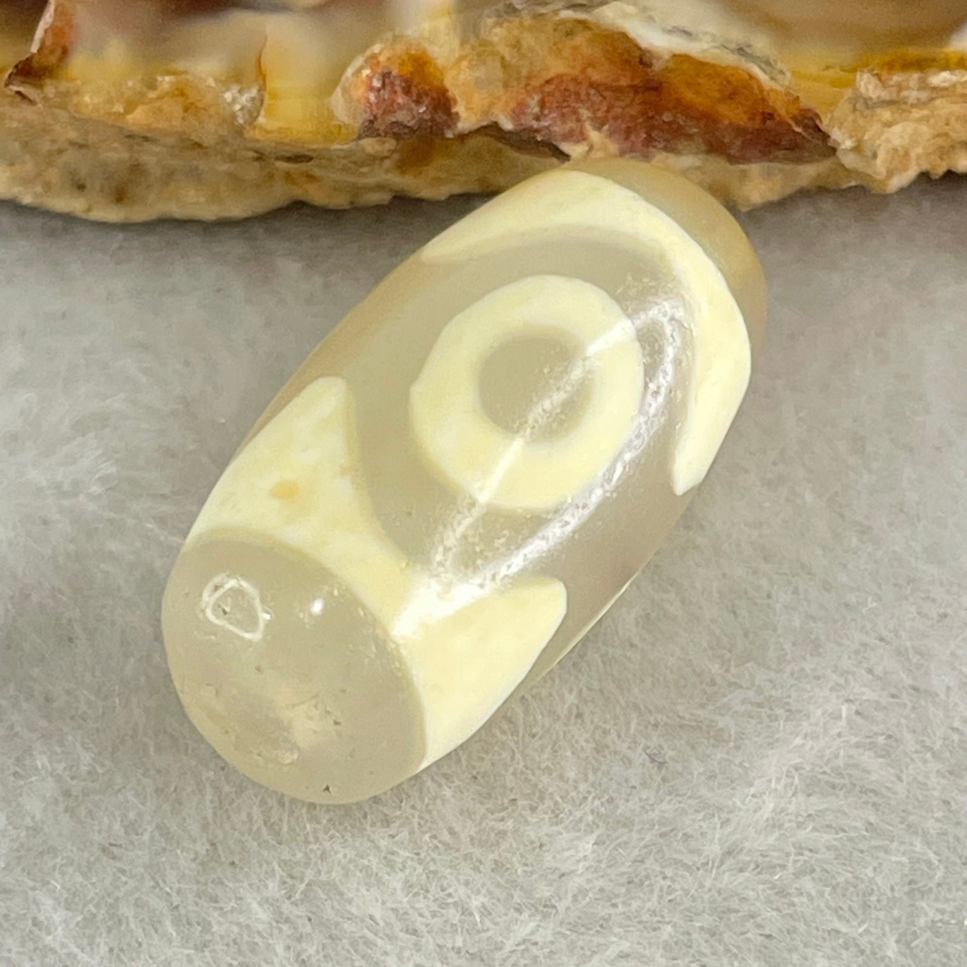 Natural Powerful Tibetan Old Oily Agate 3 Eyes Dzi Bead Heavenly Master (Tian Zhu) 三眼天诛 3.00g 20.1 by 10.4mm - Huangs Jadeite and Jewelry Pte Ltd