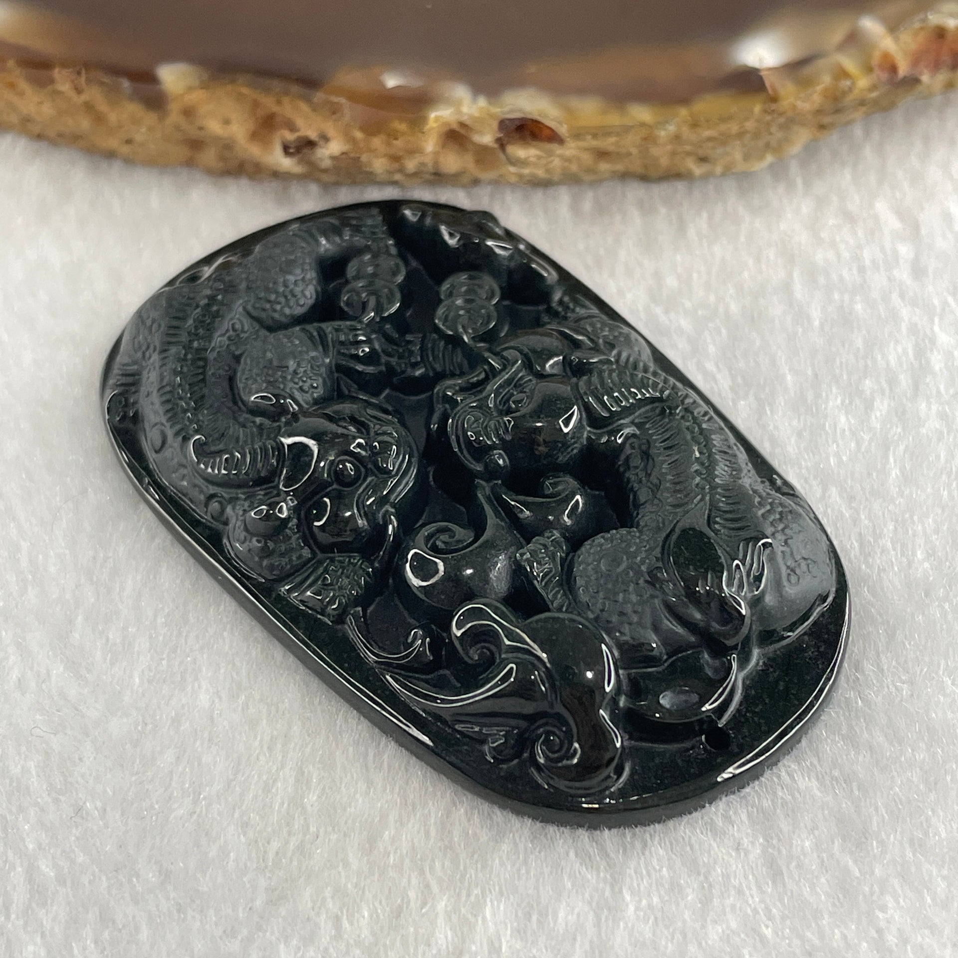 Type A Opaque to Partial Translucent Black Omphacite Jadeite Pixiu Pair with Coins Pendant 25.77g 57.1 by 35.4 by 9.2mm - Huangs Jadeite and Jewelry Pte Ltd