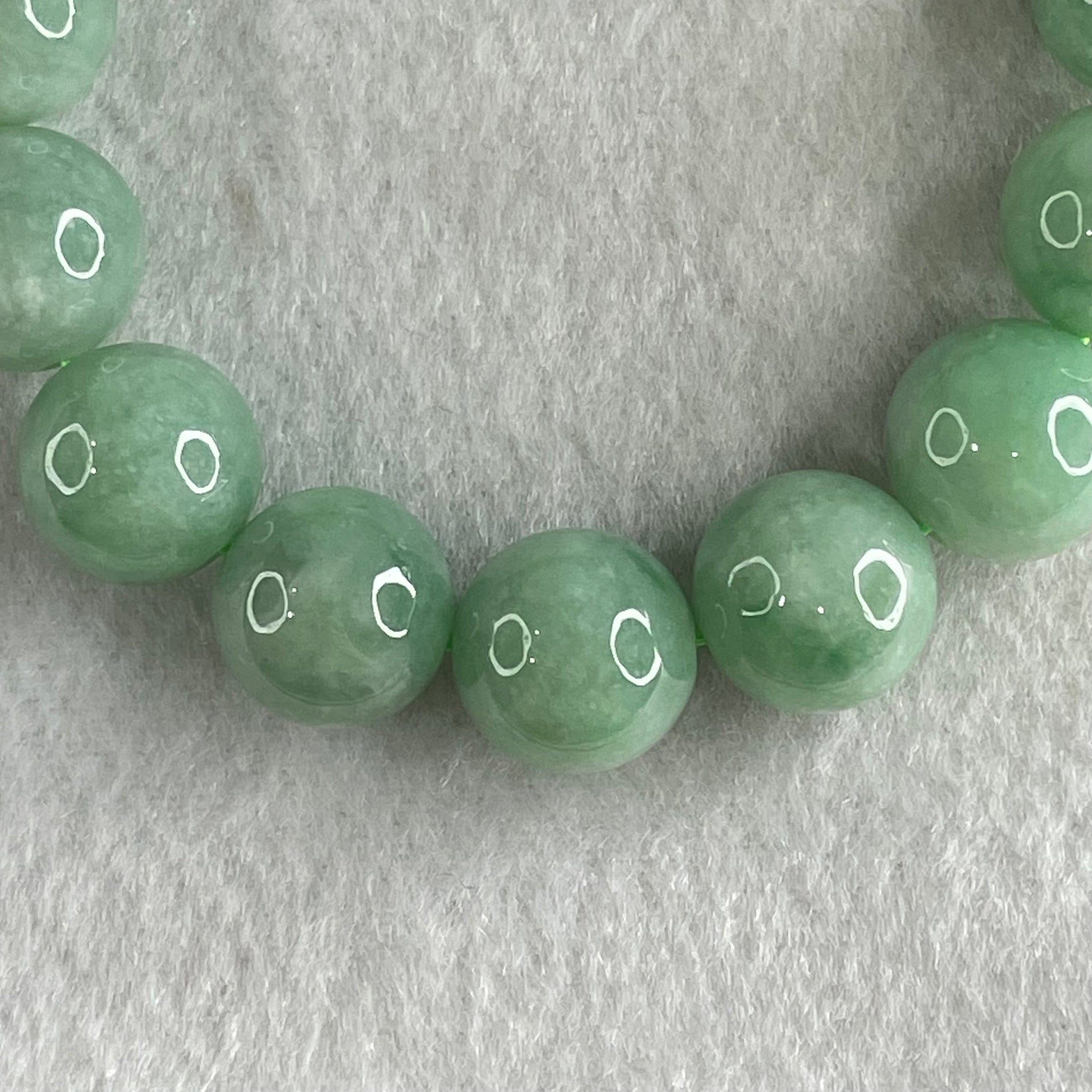 Type A Green Jadeite Beads Bracelet 60.56g 16.5cm 13.1mm 16 Beads - Huangs Jadeite and Jewelry Pte Ltd