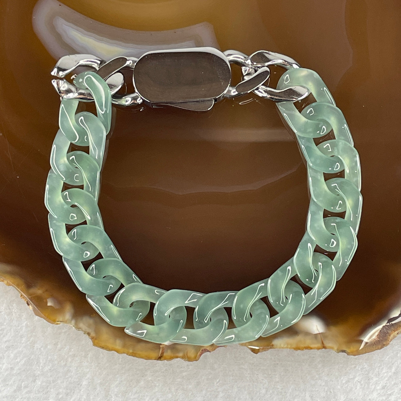 Certified Natural Type A Icy Light Blueish Green Jadeite Cuban Tennis Bracelet with Sliver Color Clap 26.03g Up to 18cm 11.5 by 3.7mm 16 Pcs