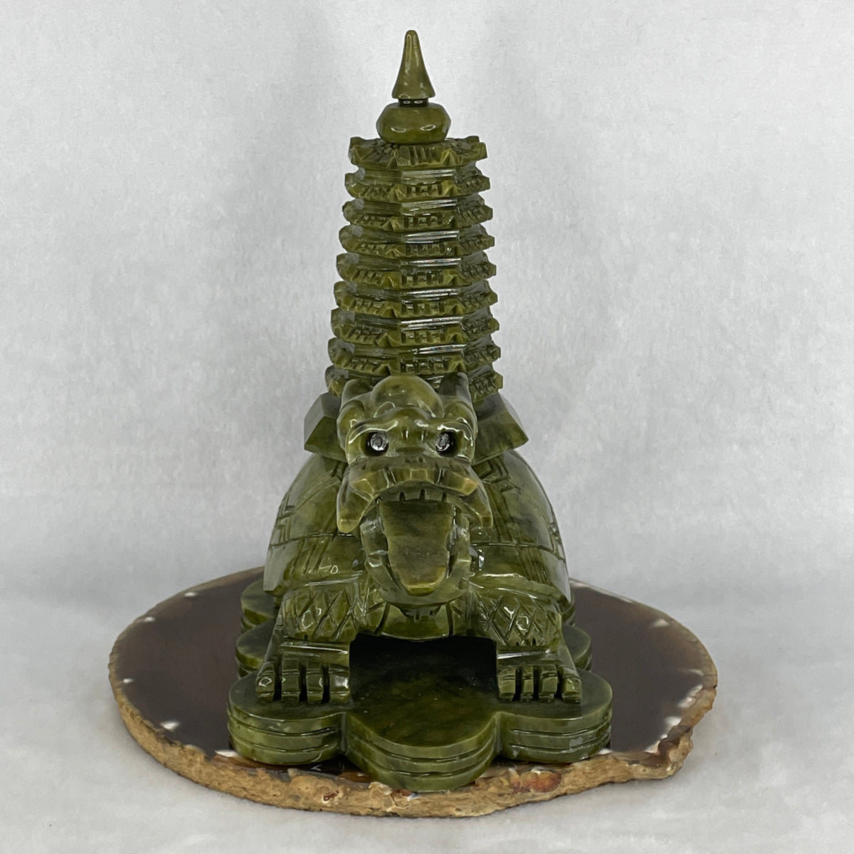 Natural Green Serpentine Pagoda on Dragon Turtle Carving Display | Certified Untreated Carved Gemstone Sculpture (1,276.4g | 175.0 x 92.0 x 175.0mm)