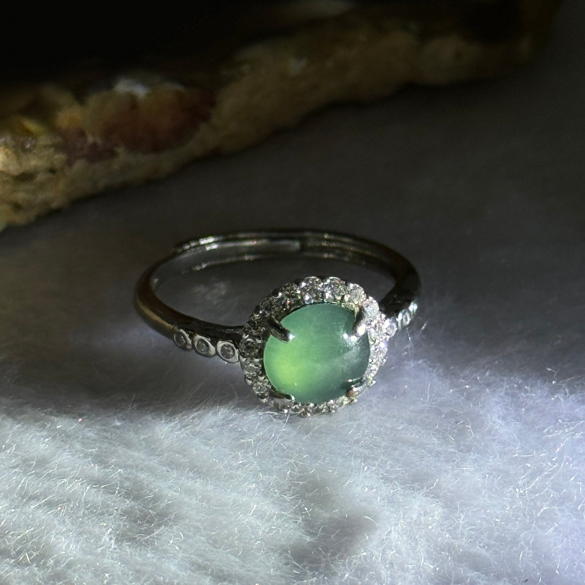 Type A Icy Blueish Green Jadeite with Crystals in Sliver Ring (Adjustable Size) 1.61g 6.9 by 2.5mm - Huangs Jadeite and Jewelry Pte Ltd