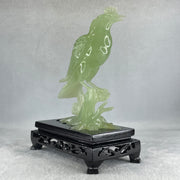 Natural Green Serpentine Javan Mynah Birds on Tree with Wooden Stand Display 430.6g 137.0 by 190.0 by 75.0mm - Huangs Jadeite and Jewelry Pte Ltd