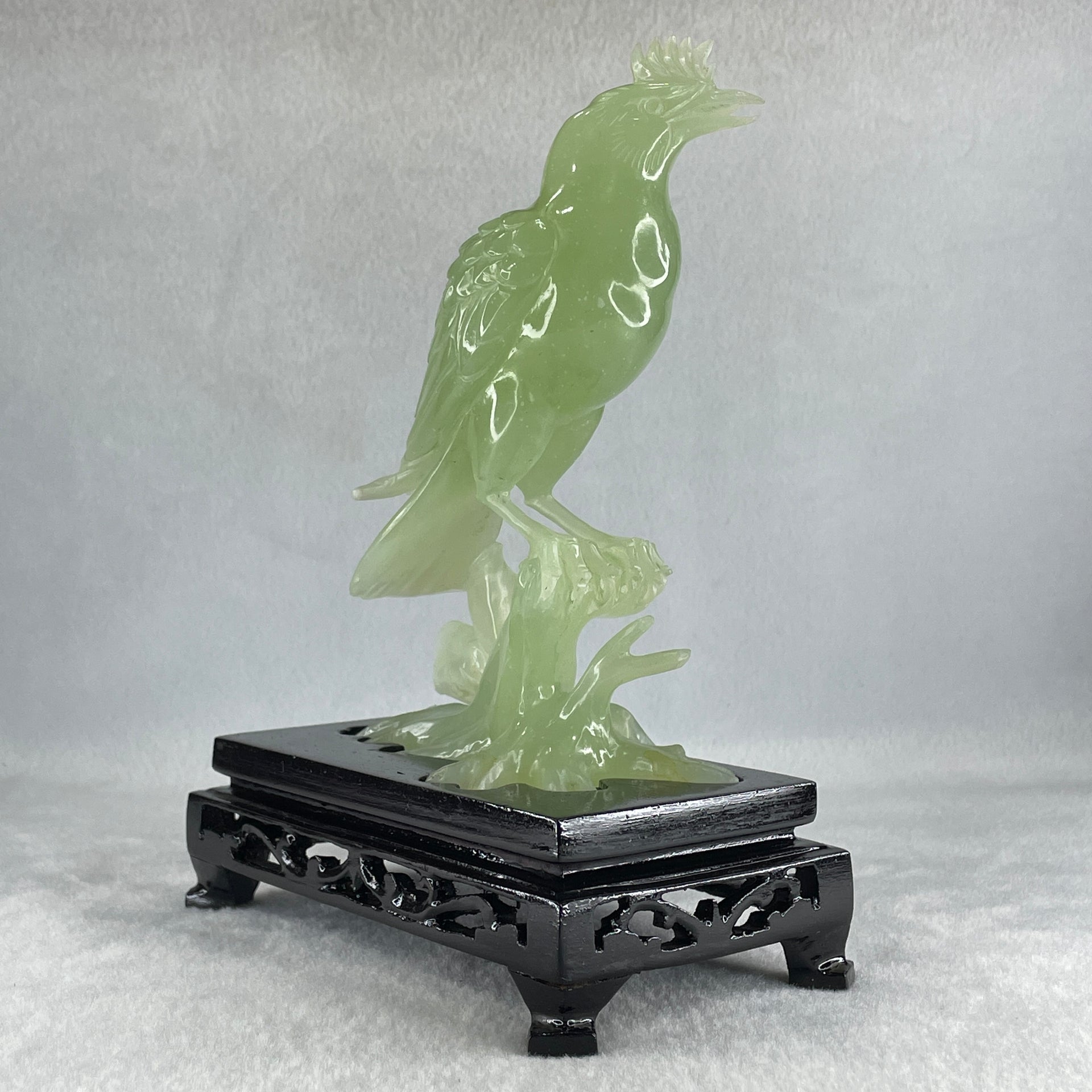 Natural Green Serpentine Javan Mynah Birds on Tree with Wooden Stand Display 430.6g 137.0 by 190.0 by 75.0mm - Huangs Jadeite and Jewelry Pte Ltd