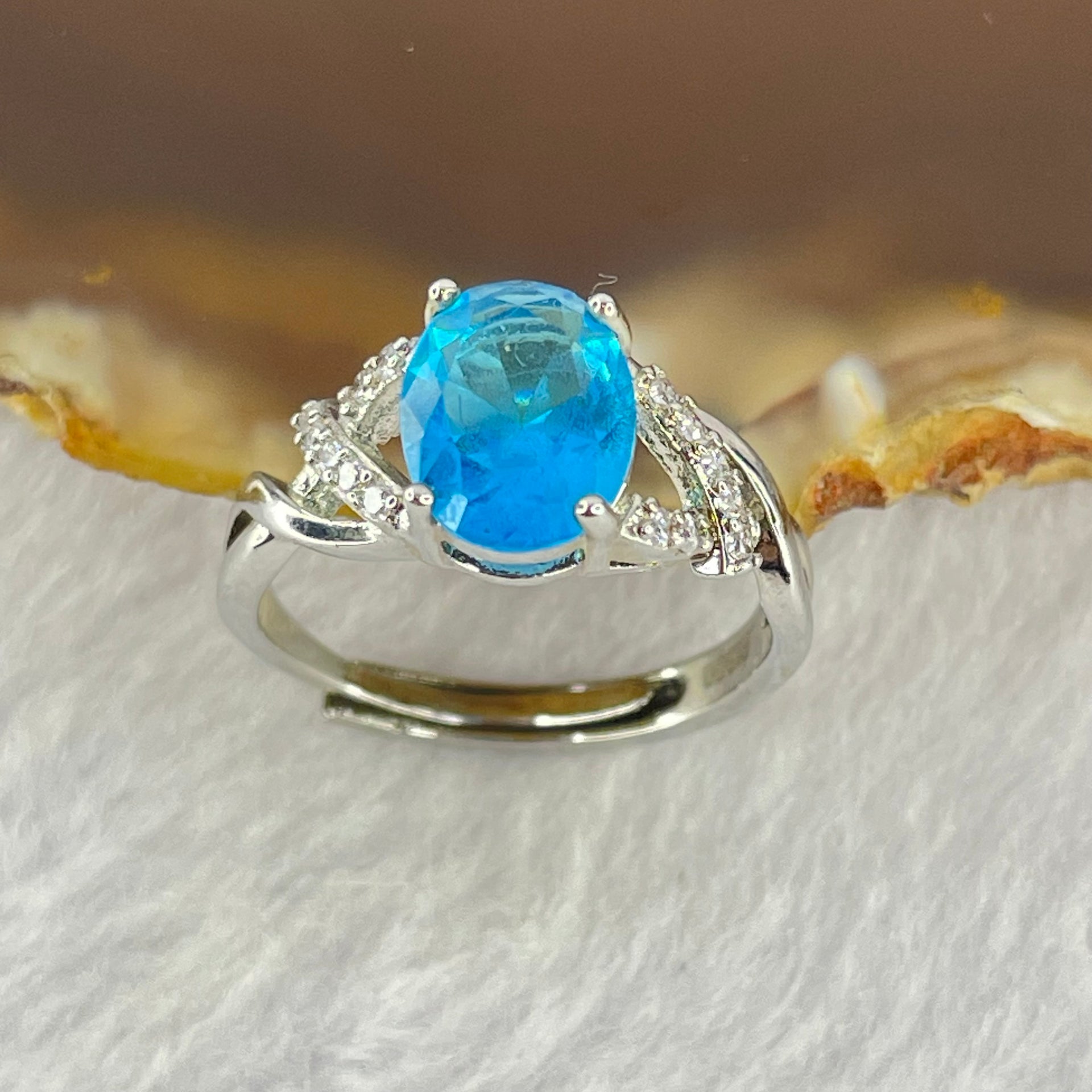 Blue Cubic Zirconia with Crystals in PT950 Plated Sliver Ring (Adjustable Size) 2.17g 8.4 by 6.8 by 4.5mm - Huangs Jadeite and Jewelry Pte Ltd