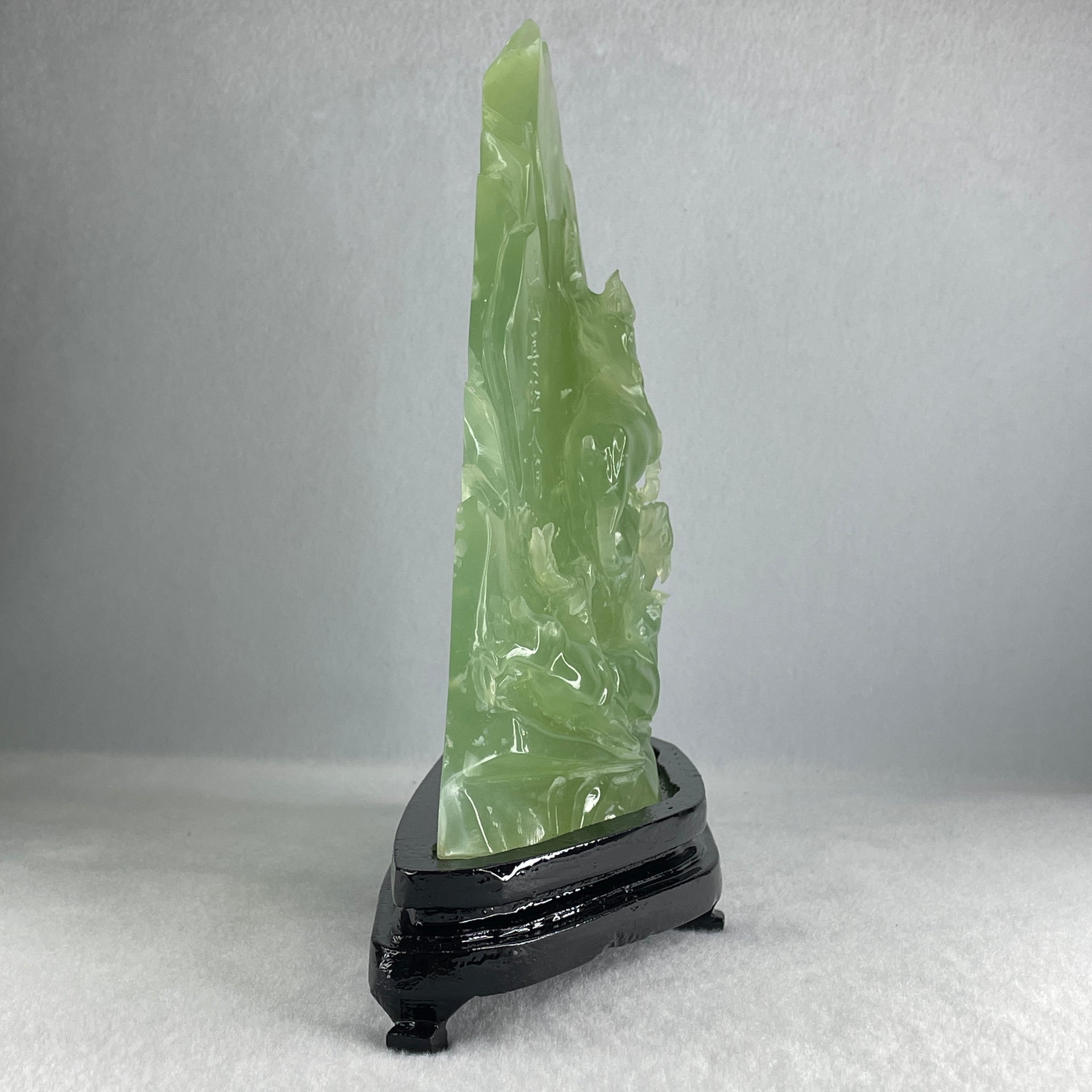 Natural Semi Icy Green Serpentine 5 Deers on Shanshui with Wooden Stand Display 1,293.6g 205.0 by 72.0 by 215.0mm - Huangs Jadeite and Jewelry Pte Ltd