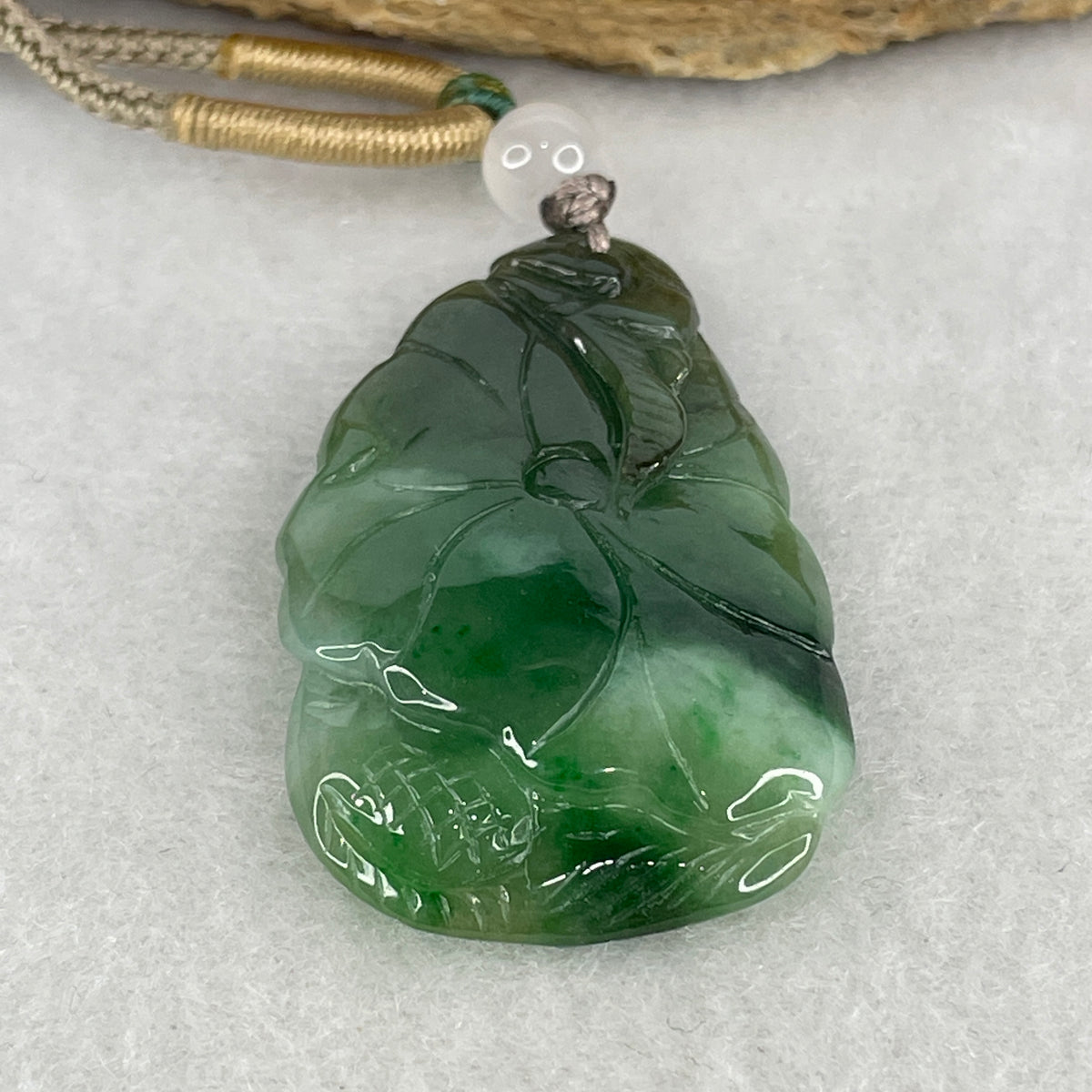 Natural Type A Green Jadeite Lotus Leaf with Carp Fish Pendant | (15.20g | 41.2x25.0x8.0mm | Heart & Sacral Chakra Balance, "Nian Nian You Yu" Surplus Fortune & Serene Flow Shield)