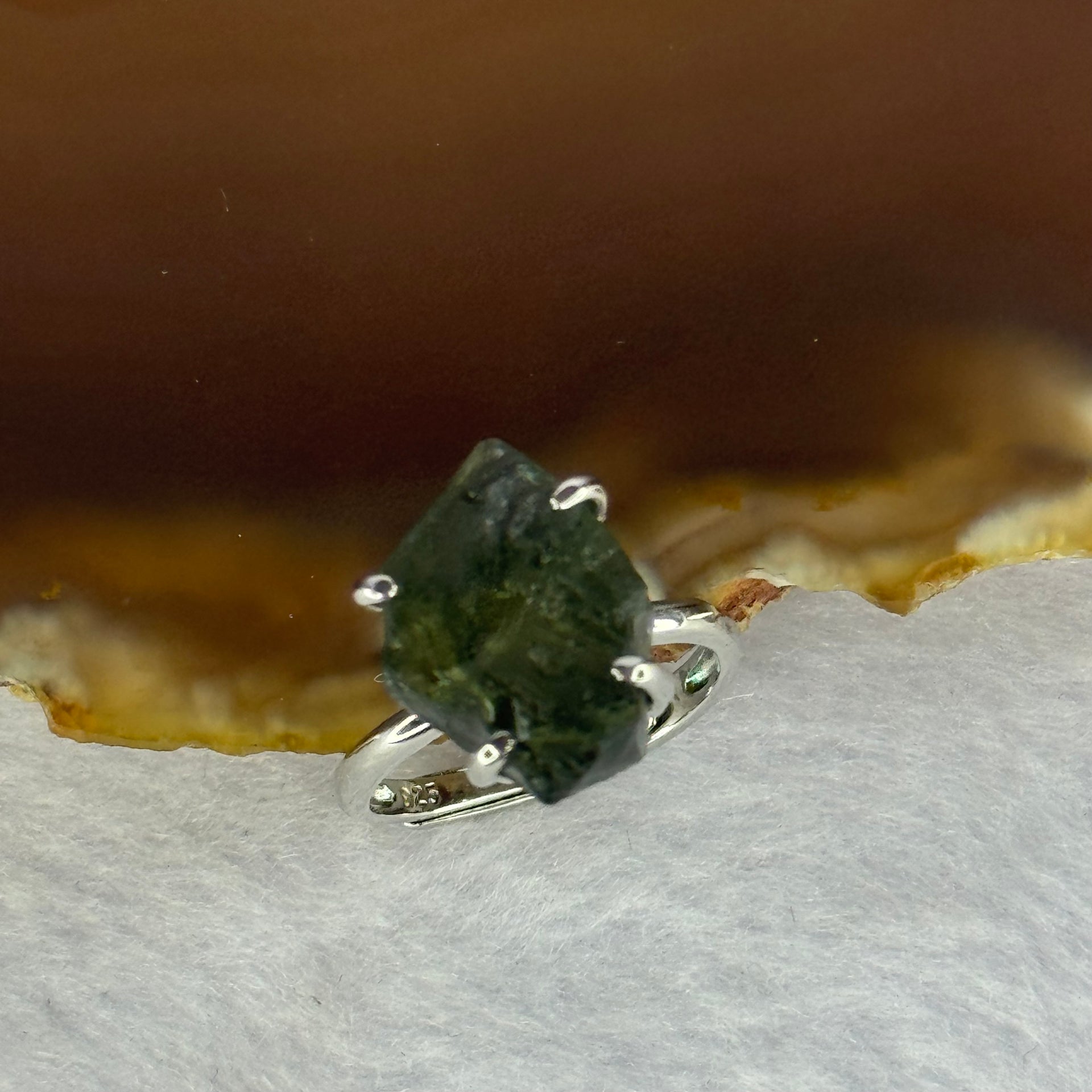 Natural Czech Republic Moldavite Meteorite Crystal in S925 Sliver Ring (Adjustable Size) 天然捷克陨石925银戒指 3.44g 15.9 by 11.4 by 7.8mm - Huangs Jadeite and Jewelry Pte Ltd