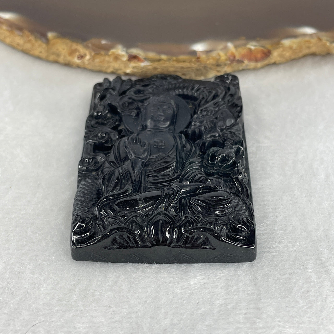 Success, Luck and Wealth - Certified Natural Type A Black Omphacite Jadeite Buddha with Dragon on Lotus Pendant 38.76g 60.8 by 40.8 by 8.6mm