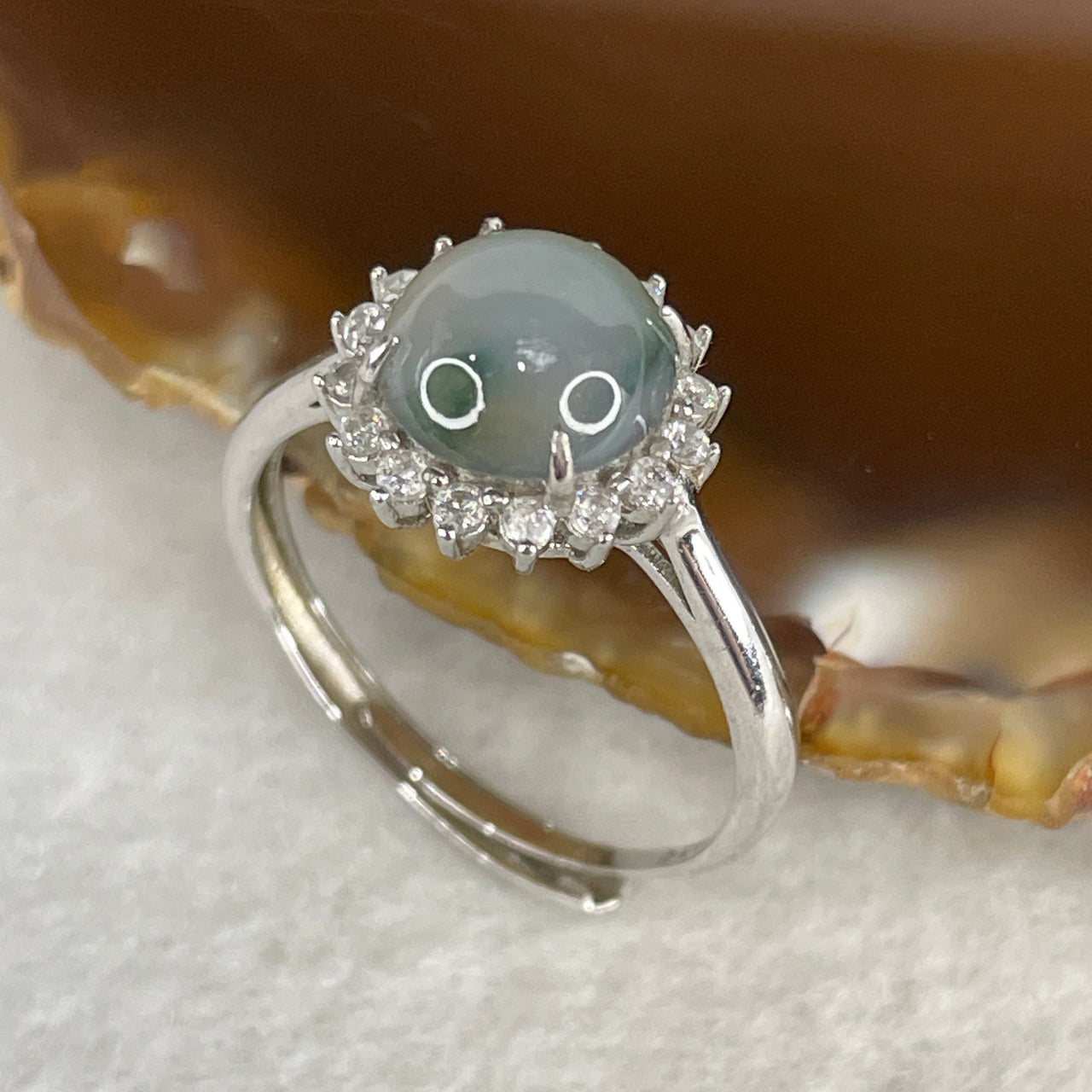 Type A Icy Light Blueish-Green Jadeite Ultra-High Dome Ring | Liquid-Glass Translucent Orb | Solid S925 Sterling Silver Setting | Smart Adjustable Sizing (2.10g 8.4x5.0mm)