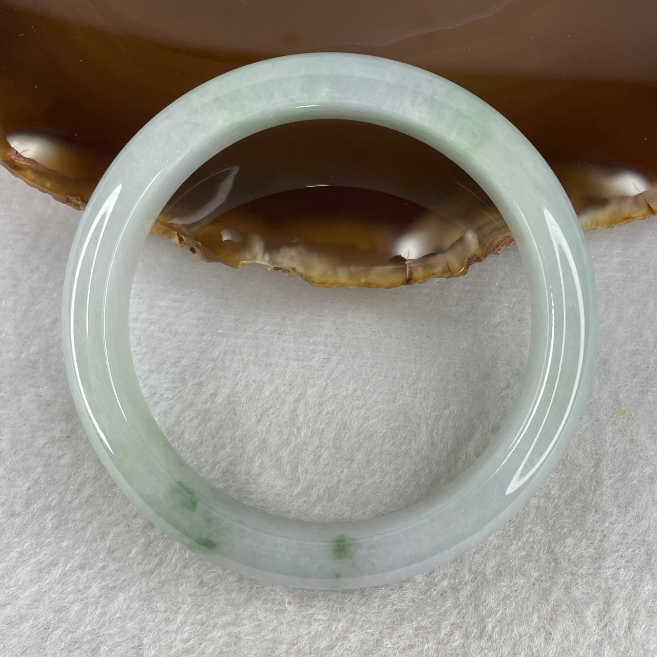 Natural Type A Multicolor Jadeite Bangle | 56.8mm Light Green & Light Lavender with Imperial Emerald Green Spots | Very Very Slight Internal Lines "San Cai" Round Wrist Heirloom (54.29g 12.0x8.3mm)