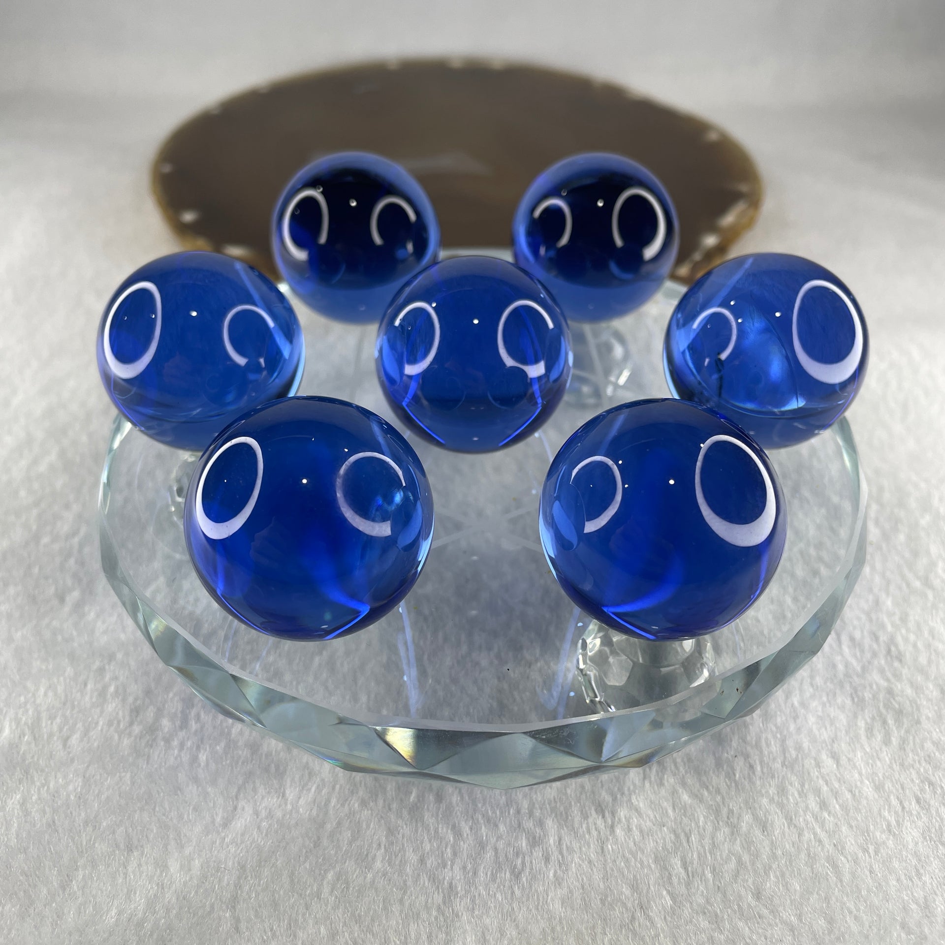 Blue Liuli 7 Sphere Balls 29.4mm Set with 7 Star Base Display 557.3g 119.5 by 55.5mm - Huangs Jadeite and Jewelry Pte Ltd