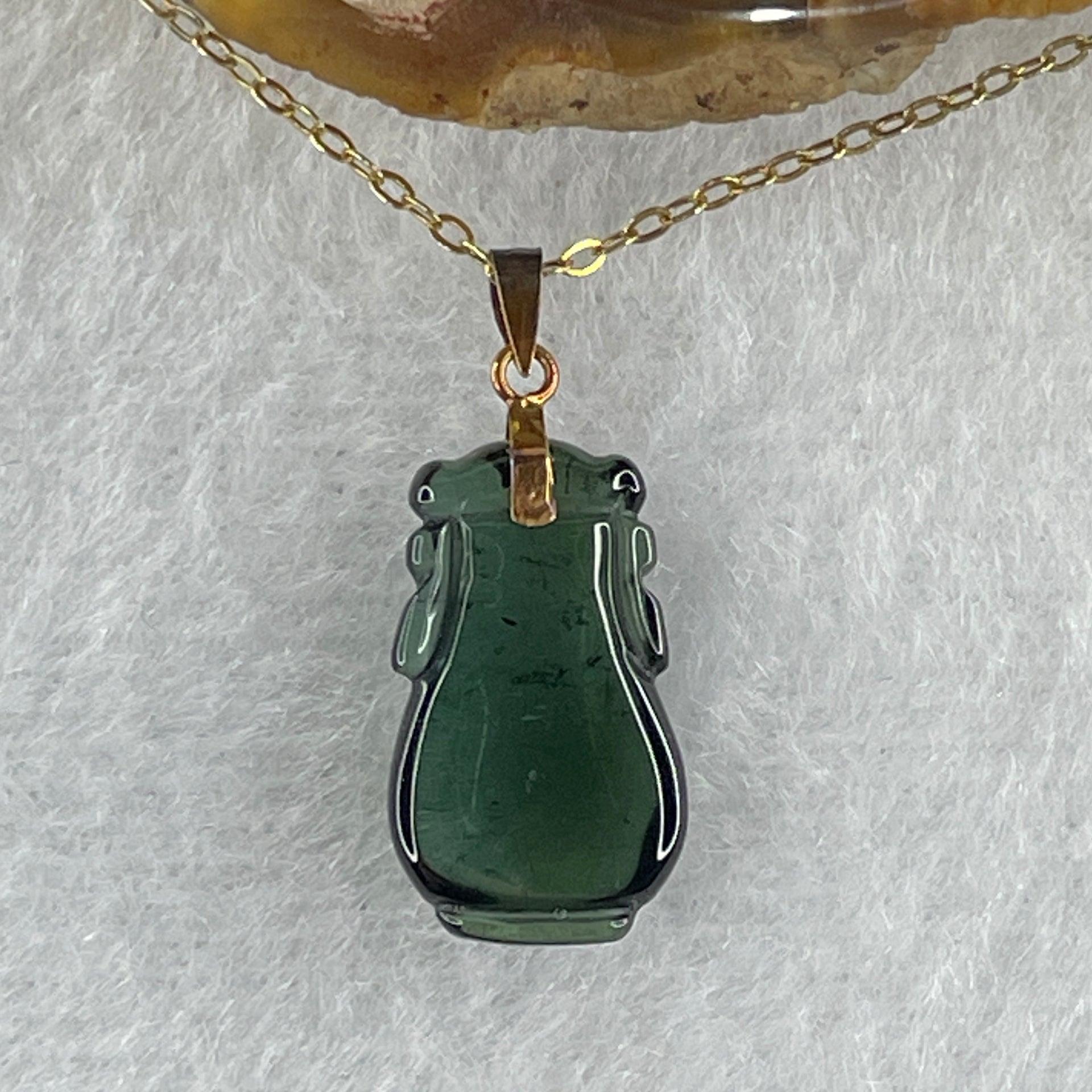 Good Grade Natural Blueish Green Tourmaline Crystal Vase Pendant with 18K Rose Clasp and Gold Color S925 Silver Necklace 2.28g 16.5 by 9.8 by 4.7mm - Huangs Jadeite and Jewelry Pte Ltd