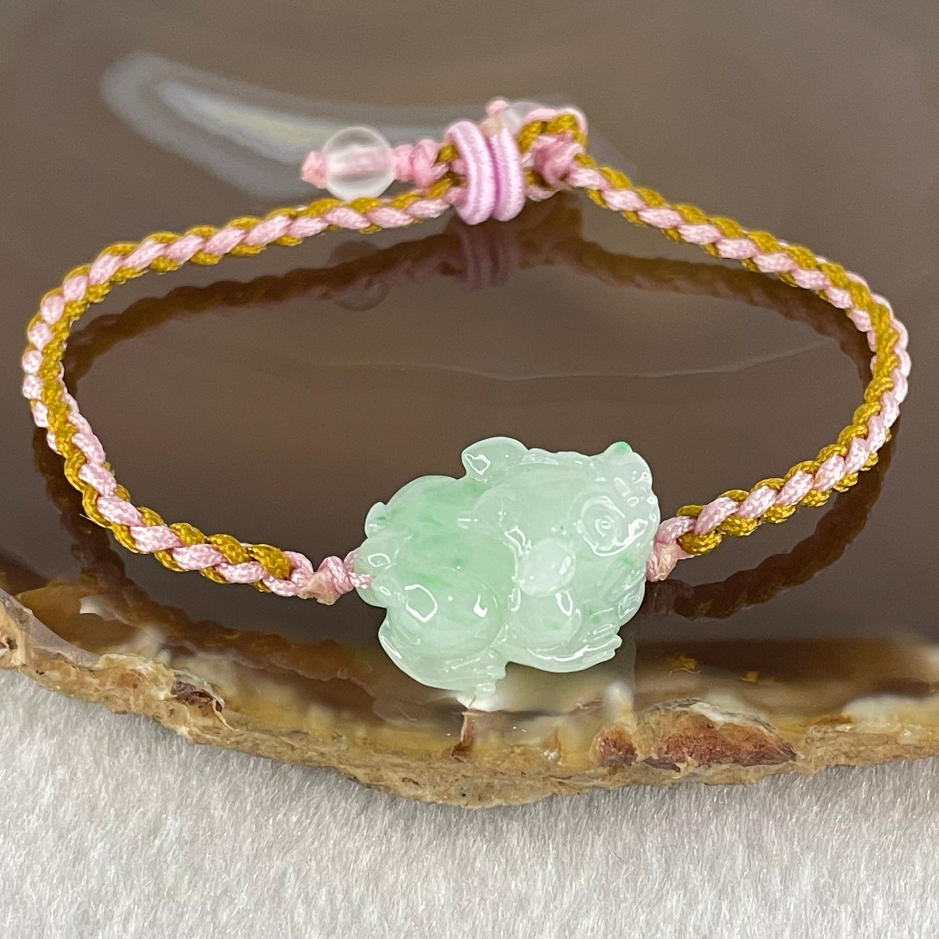 Type A Light Green with Emerald Green Spots Jadeite Male Pixiu String Bracelet 5.46g 15cm 19.5 by 16.3 by 11.2mm - Huangs Jadeite and Jewelry Pte Ltd