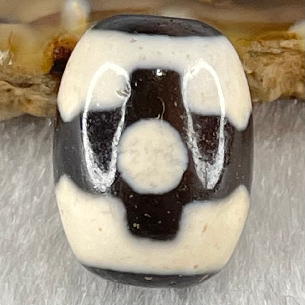 Natural Powerful Tibetan Old Oily Dark Brown With White Agate 3 Eyes Dzi Bead Heavenly Master (Tian Zhu) 三眼天诛 4.73g 17.3 by 13.4mm - Huangs Jadeite and Jewelry Pte Ltd