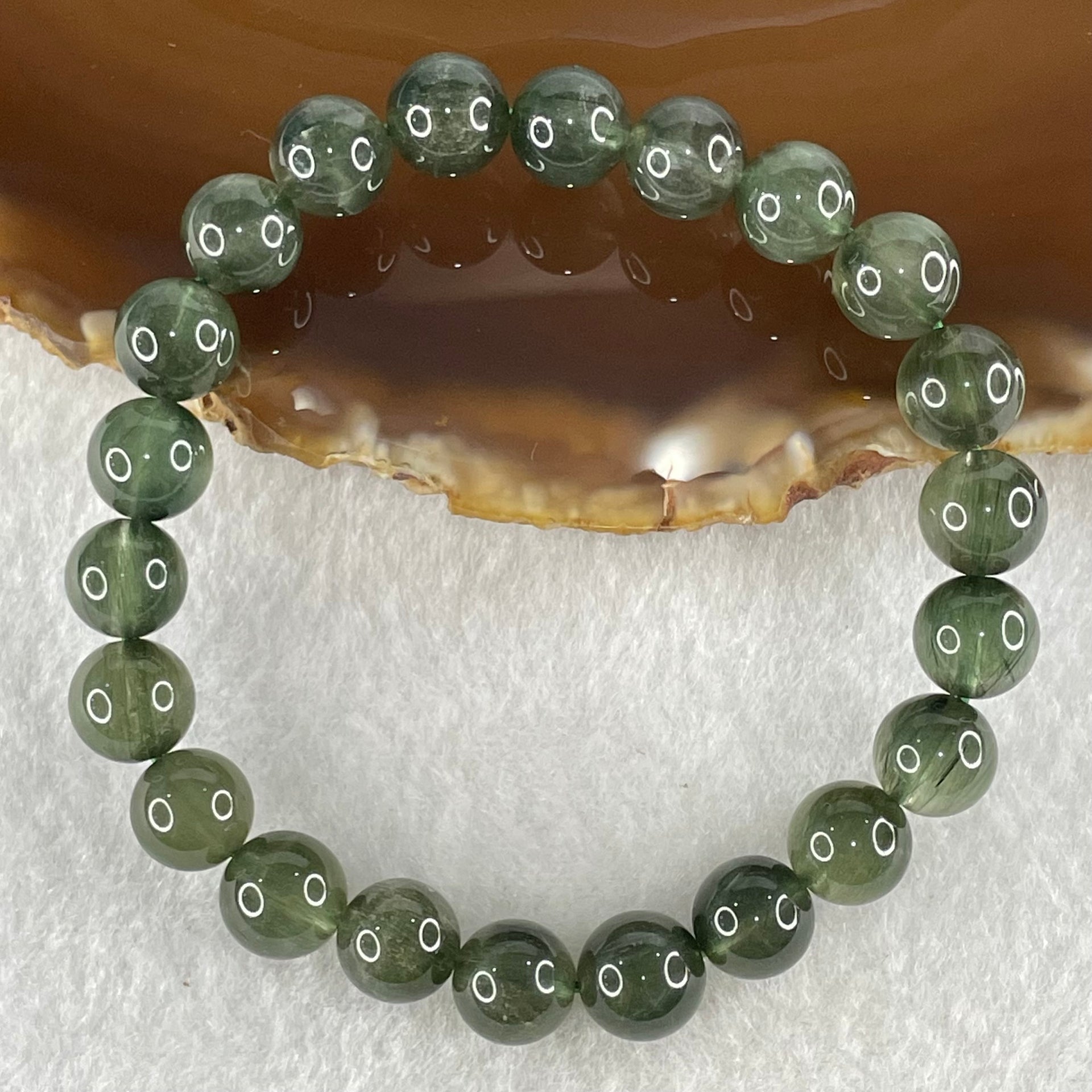 Good Grade Natural Green Cats Eye Rutilated Beads Bracelet 19.58g 15.5cm 8.8mm 22 Beads - Huangs Jadeite and Jewelry Pte Ltd