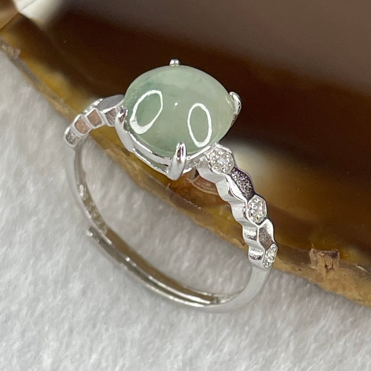 Natural Type A Semi Icy Faint Green Jadeite Round Shape Cabouchon with Cubic Zirconia in S925 Silver Ring (Adjustable Size) 1.44g 7.9 by 4.5mm