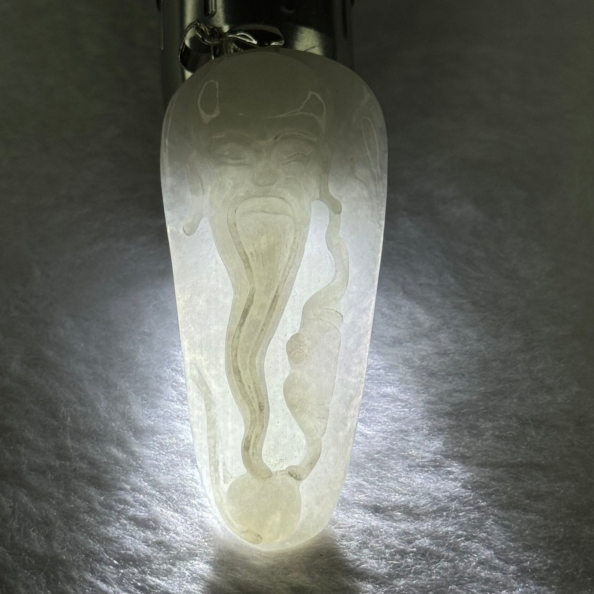 Type A Light Lavender Green Jadeite Shou Xing Gong Pendent With 18KGP Sliver Claps 24.08g 64.4 by 29.3 by 9.8mm - Huangs Jadeite and Jewelry Pte Ltd