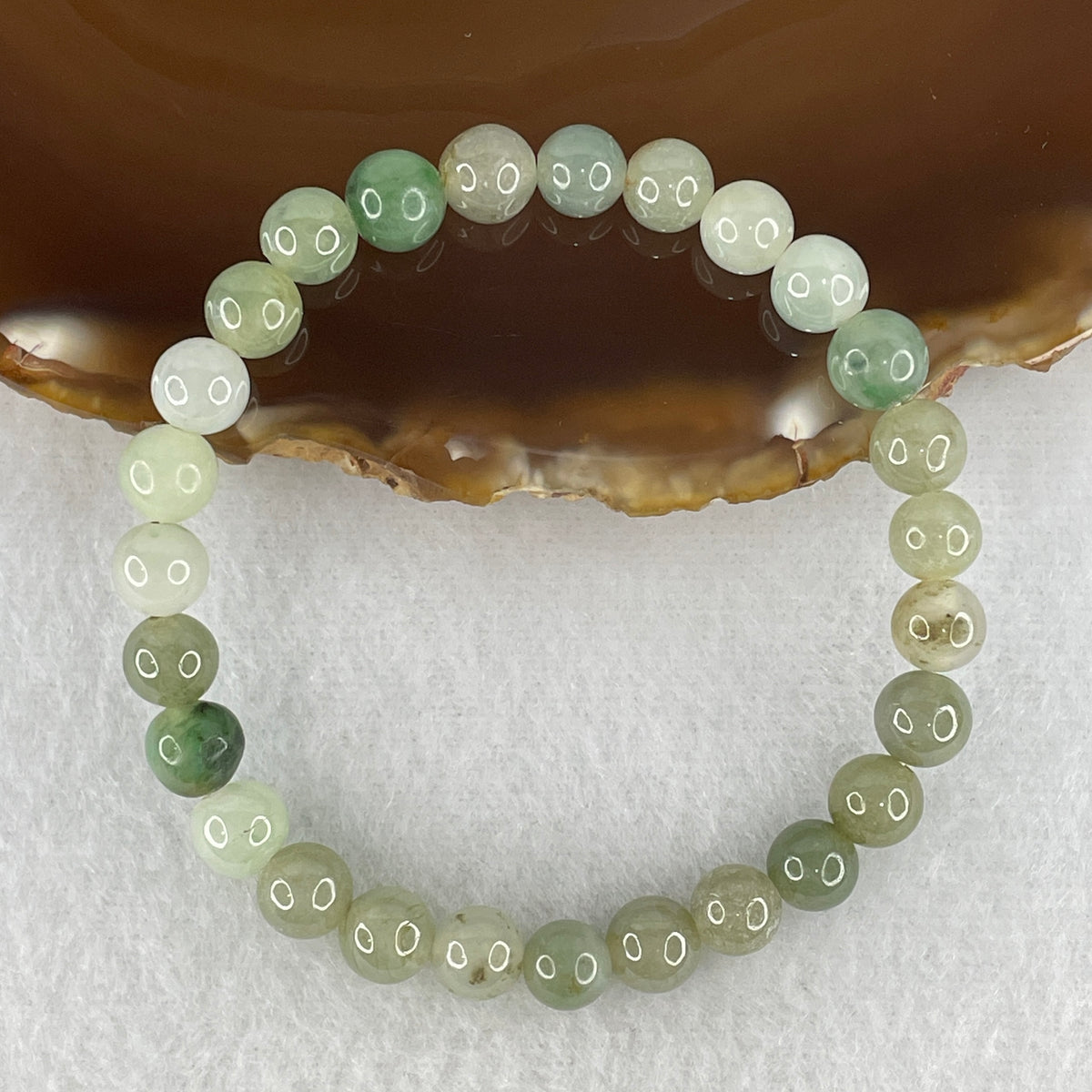 Natural Type A Green with Brownish Green Jadeite Bead Bracelet | Untreated Bi-Color Fei Cui Stretch Bracelet (17.59g | 16cm Wrist | 7.6mm | 27 Beads)