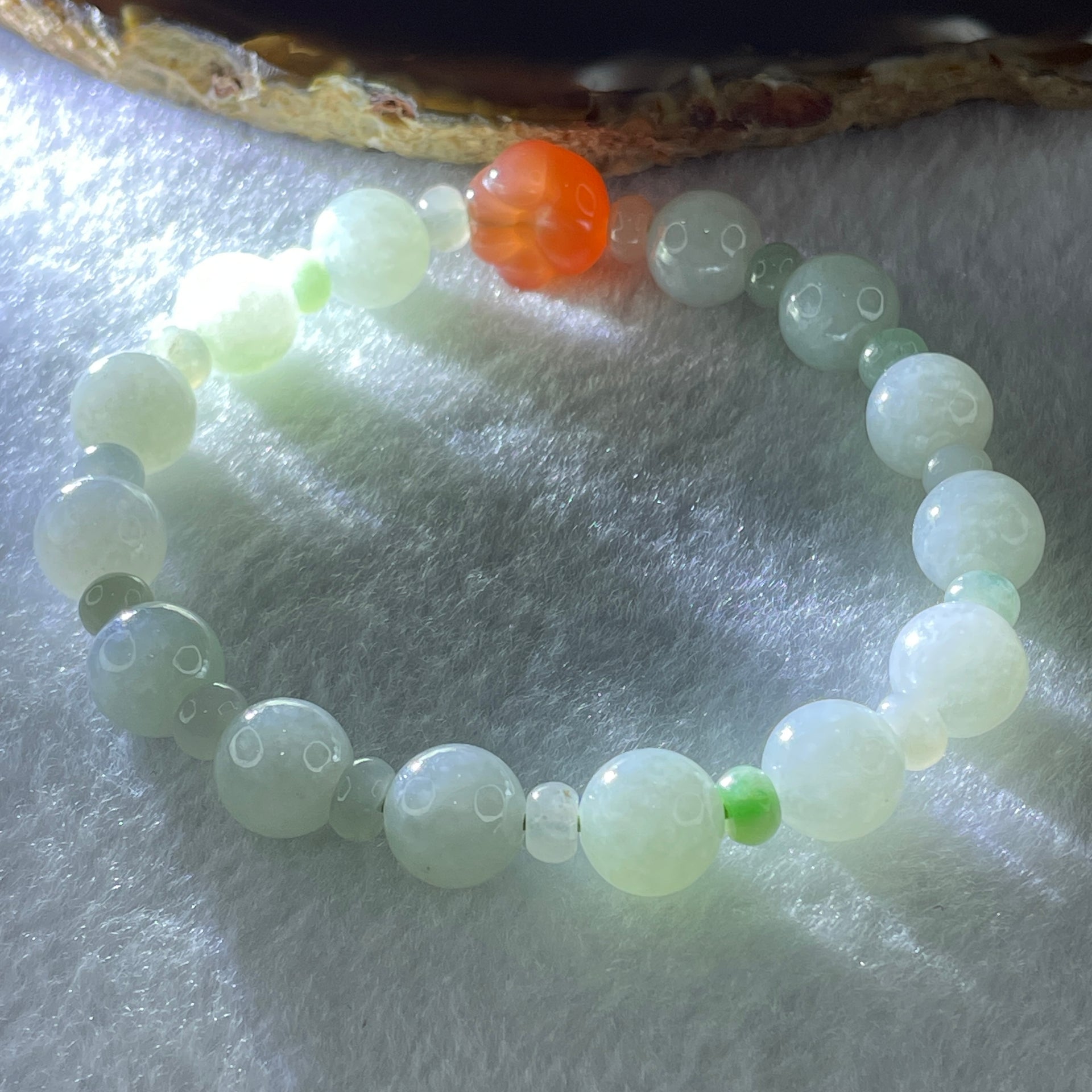Natural Type A Light Green Jadeite Round Shape Beads with Red Agate Paw Charm Bracelet 29.33g 17cm 10.0mm 14 Beads - Huangs Jadeite and Jewelry Pte Ltd