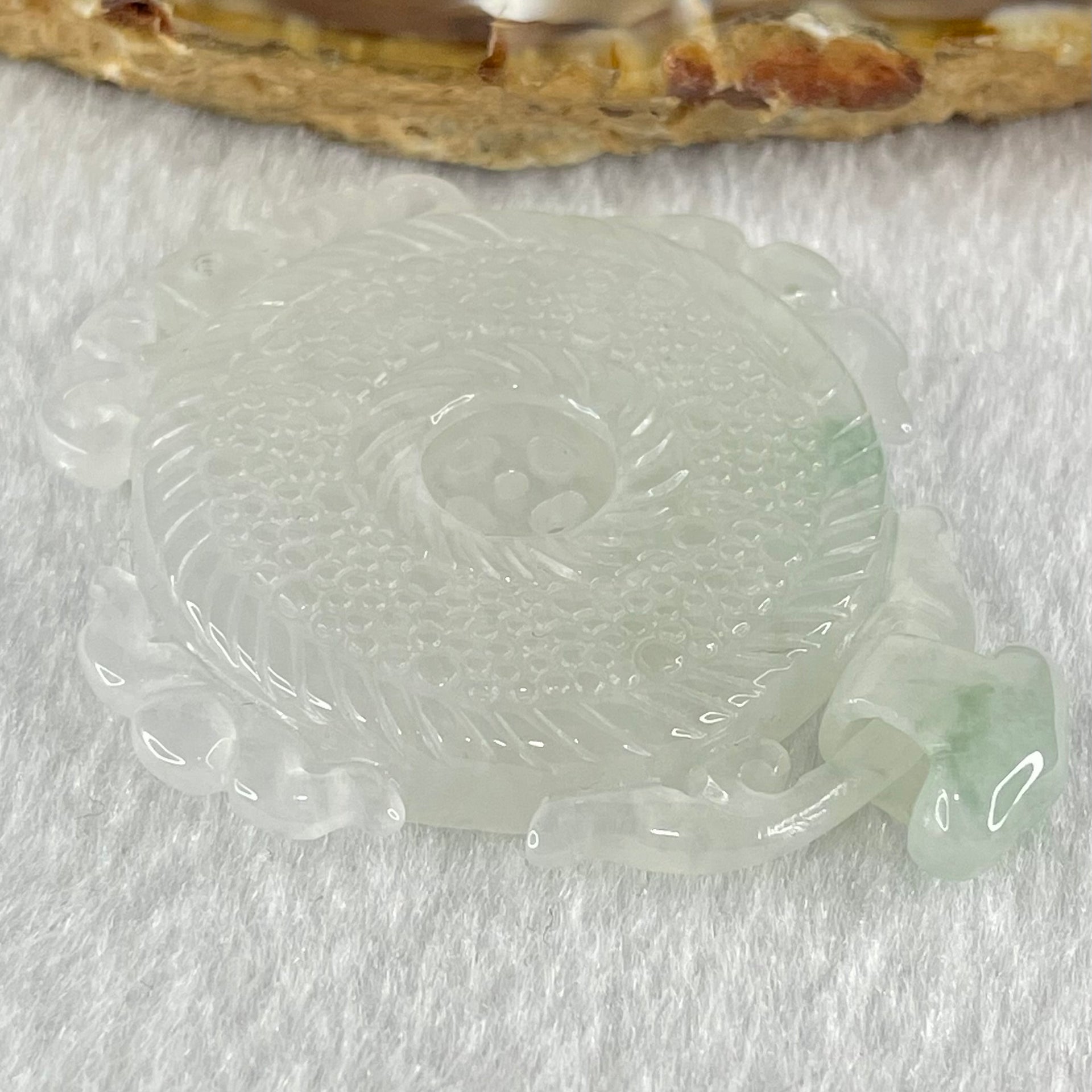 Type A Semi Icy White Jadeite Floral Ping An Kou Donut Pendant 19.53g 45.6 by 44.1 by 6.6mm - Huangs Jadeite and Jewelry Pte Ltd