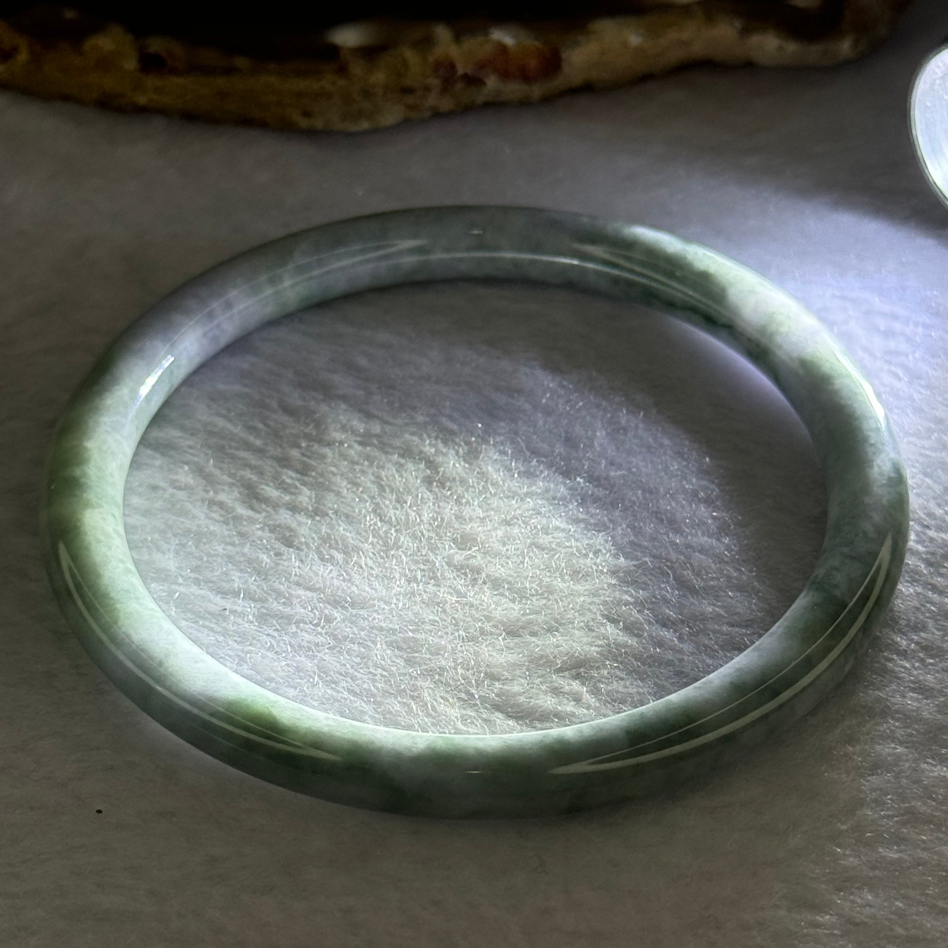 Type A Deep Lavender with Green Piao Hua Jadeite Bangle 22.69g Internal Diameter 59.4mm 6.5 by 7.2mm (Internal Line) - Huangs Jadeite and Jewelry Pte Ltd