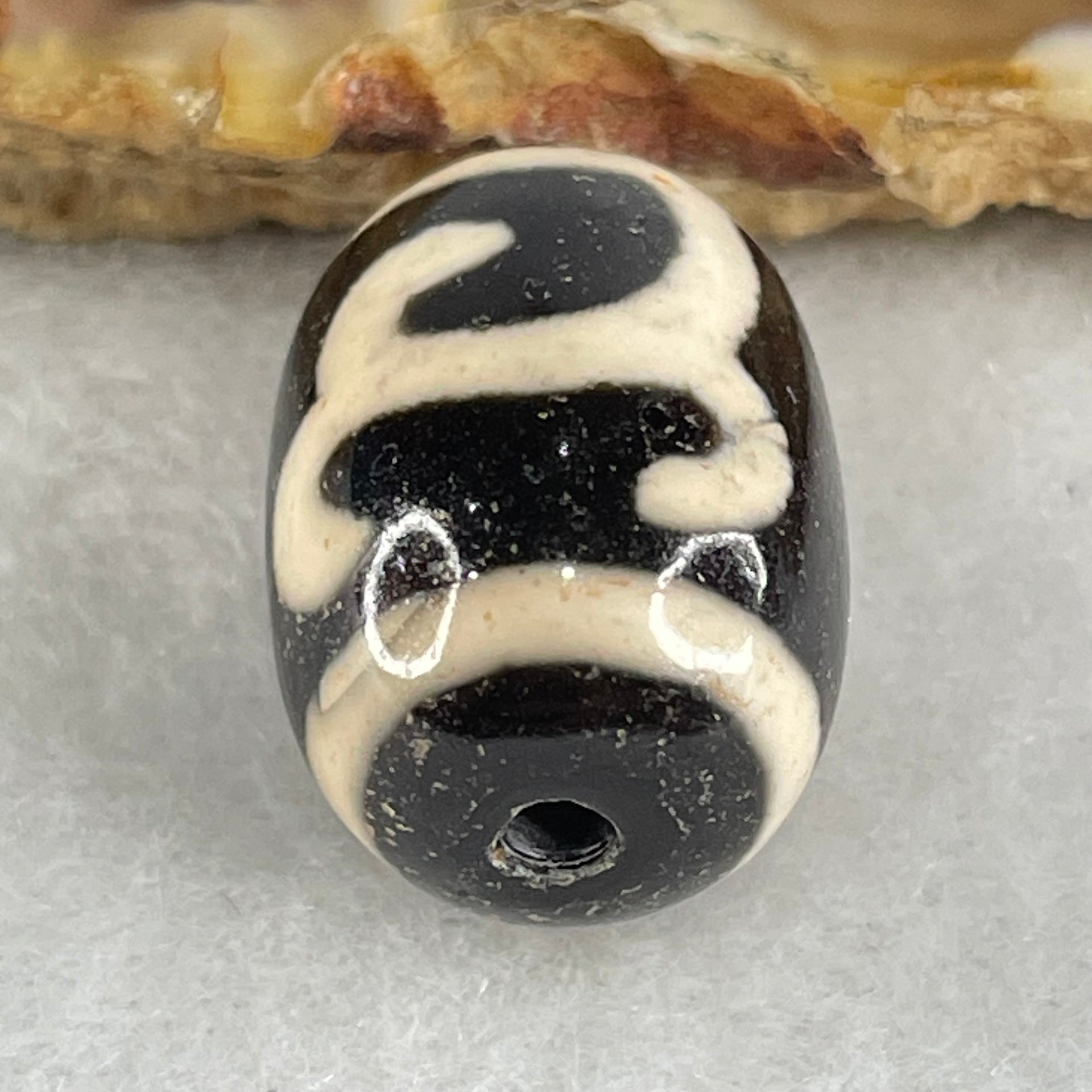 Natural Powerful Tibetan Old Oily Black White Agate Green Tara Dzi Bead Heavenly Master (Tian Zhu) 绿度母天珠 4.80g 17.4 by 13.5mm - Huangs Jadeite and Jewelry Pte Ltd
