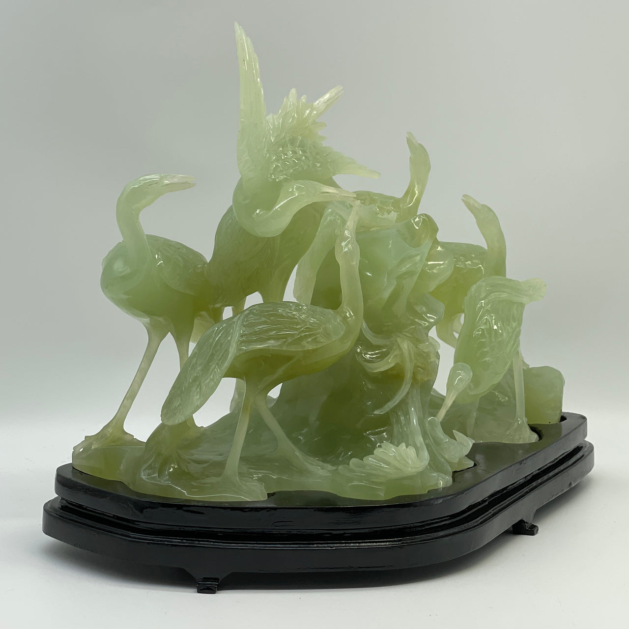Natural Light Green Serpentine 7 Cranes with Fish on River with Wooden Stand Display 3,067.0g 320.0 by 165.0 by 240.0mm