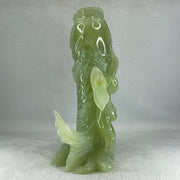 Natural Green Serpentine Carp Fish with Gui ren and Lotus with Wooden Stand Display 2277.9g 215.0 by 120.0 by 250.0mm - Huangs Jadeite and Jewelry Pte Ltd