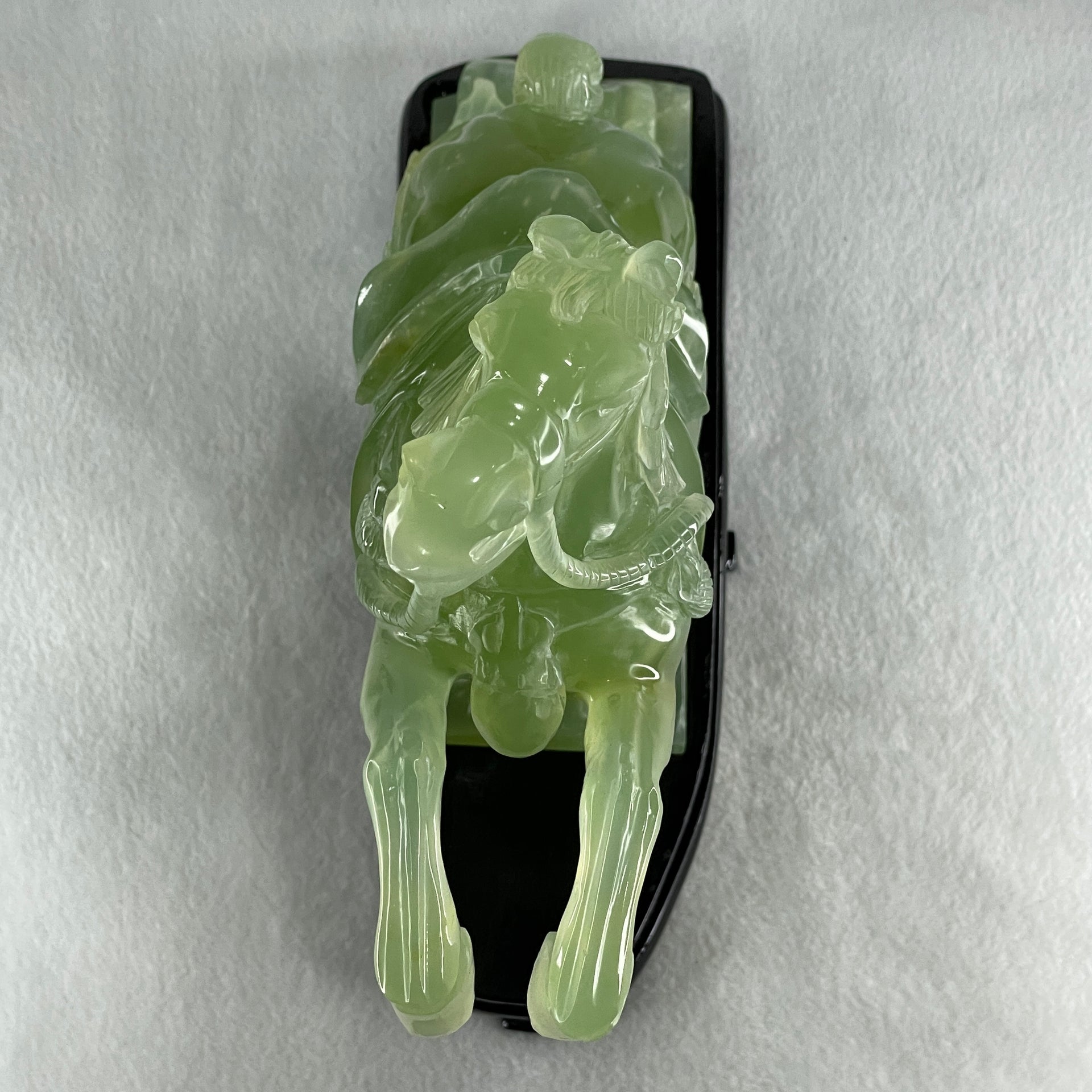 Natural Semi Icy Green Serpentine Victory Horse with Wooden Stand Display 2,644.2g 270.0 by 96.0 by 260.0mm - Huangs Jadeite and Jewelry Pte Ltd