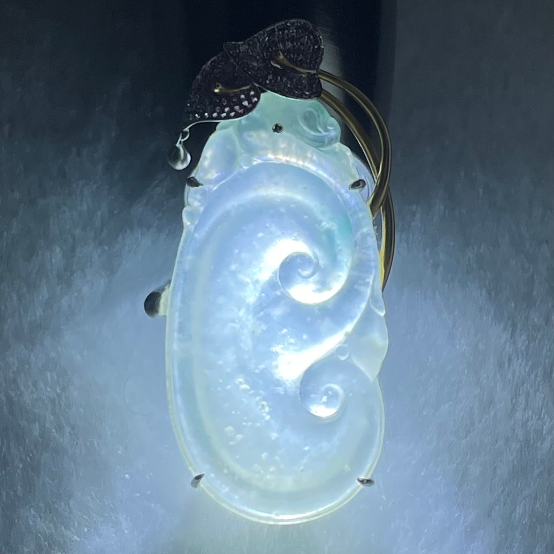 Type A Icy Colourless Jadeite Dragon on Ruyi with Diamonds and Rubilite in 18K White and Yellow Gold 11.22g 42.0 by 21.9 by 3.5mm - Huangs Jadeite and Jewelry Pte Ltd