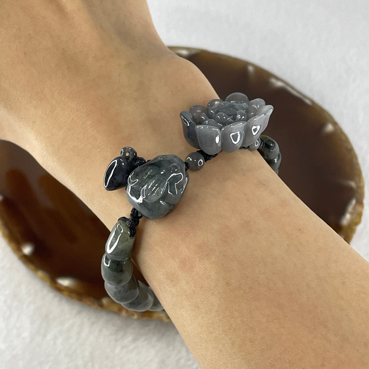 Natural Type A Jelly Wuji Grey Jadeite Lotus Flowers with Rabbits and Carrot Charm Bracelet 31.27g 17cm 8.8mm by 7.8mm - Flower 26.3 by 15.4 by 10.4mm - Huangs Jadeite and Jewelry Pte Ltd