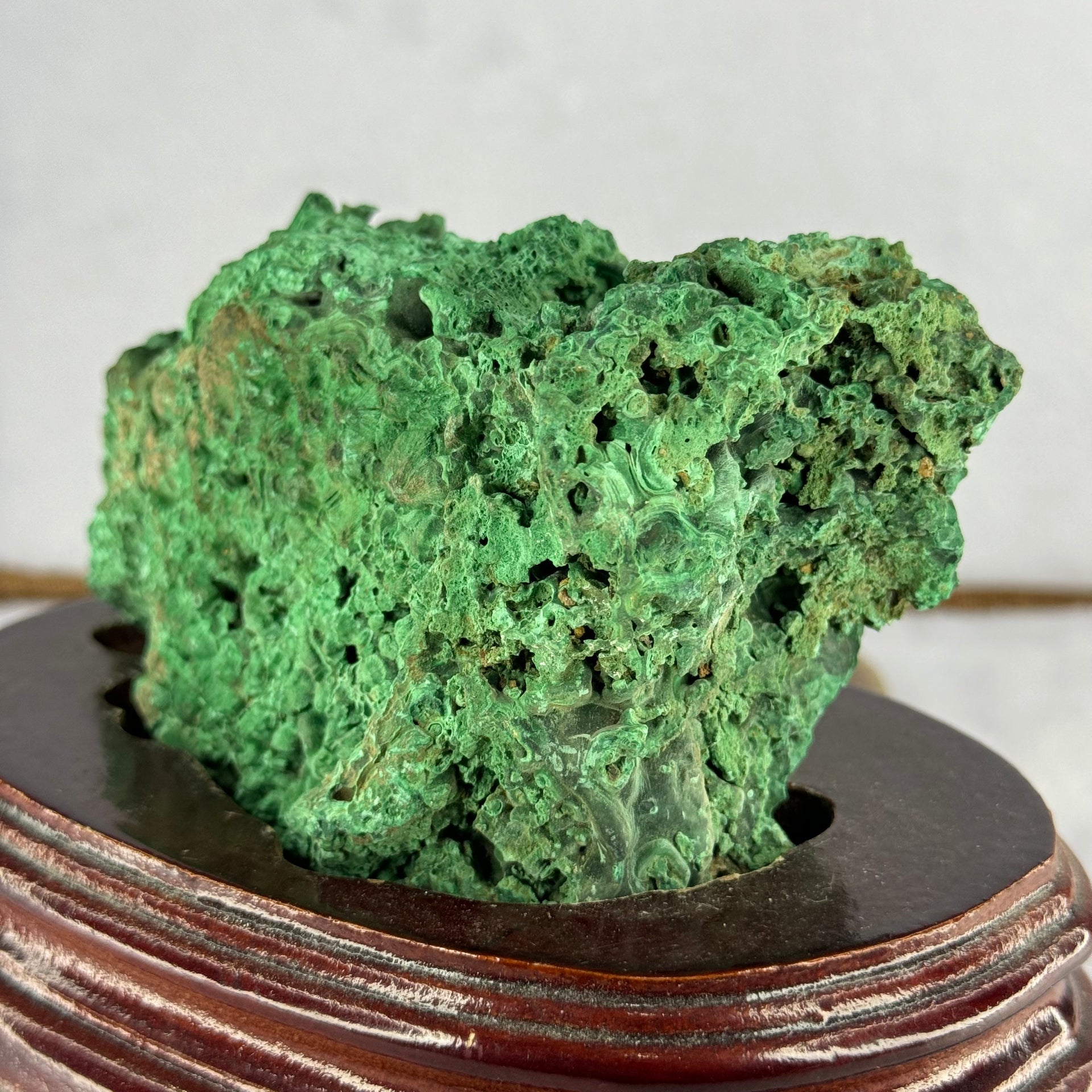 Natural Malachite Raw Stone Specimen Display in Wooden Stand 1,045.7g 160.0 by 114.1 by 12.0mm - Huangs Jadeite and Jewelry Pte Ltd