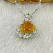 Type A Yellow Jadeite Milo Buddha 11.9 by 12.6 by 3.5mm Pendent with Crystals in S925 Sliver Necklace 5.41g - Huangs Jadeite and Jewelry Pte Ltd