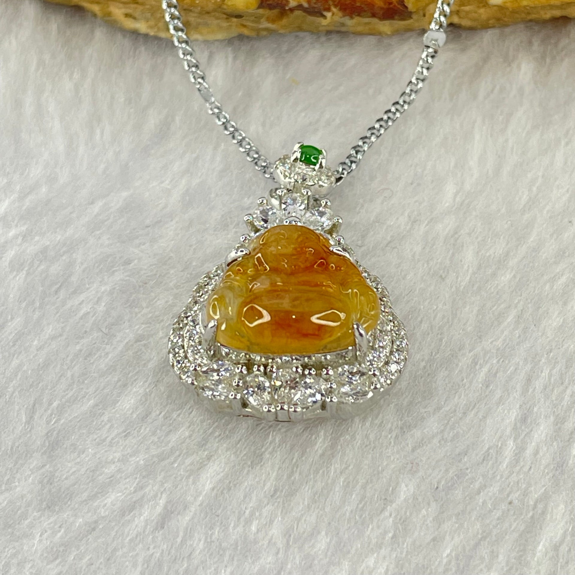 Type A Yellow Jadeite Milo Buddha 11.9 by 12.6 by 3.5mm Pendent with Crystals in S925 Sliver Necklace 5.41g - Huangs Jadeite and Jewelry Pte Ltd