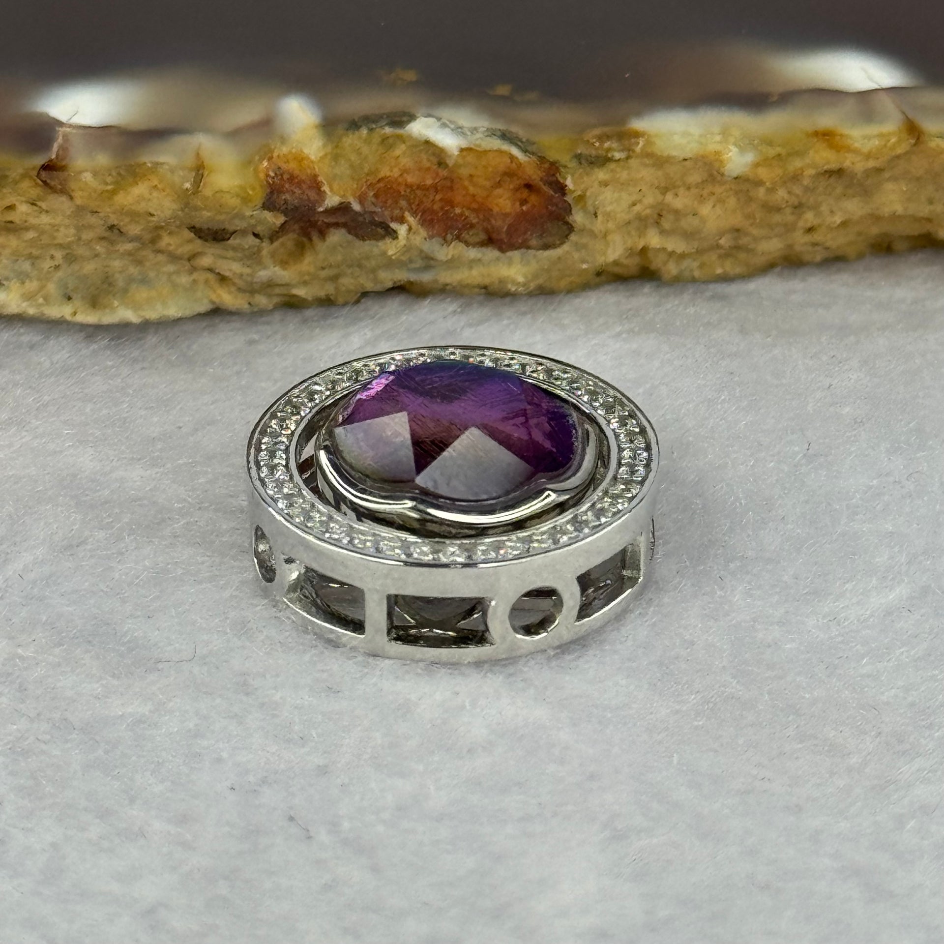 Natural Meteorite Spinning High Energy Feng Shui Charm in S925 Silver with Crystals For Necklace / Bracelet (Purple with Yellow Color) 4.10g 16.8 by 7.3mm - Huangs Jadeite and Jewelry Pte Ltd