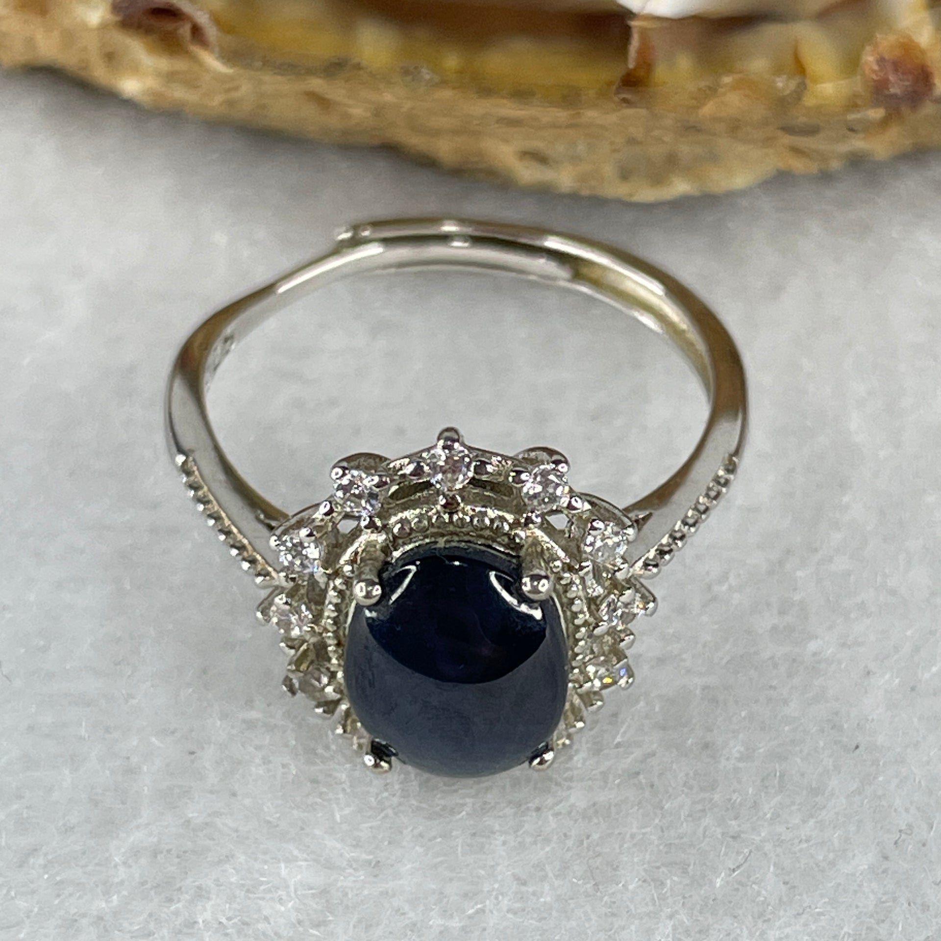 Natural-Synthetic-Blue-Star-Sapphire-with-Cubic-Zirconia-in-S925-Sliver-Ring-2.45g-9.3-by-6.8-by-3.5mm-(Adjustable-Size)