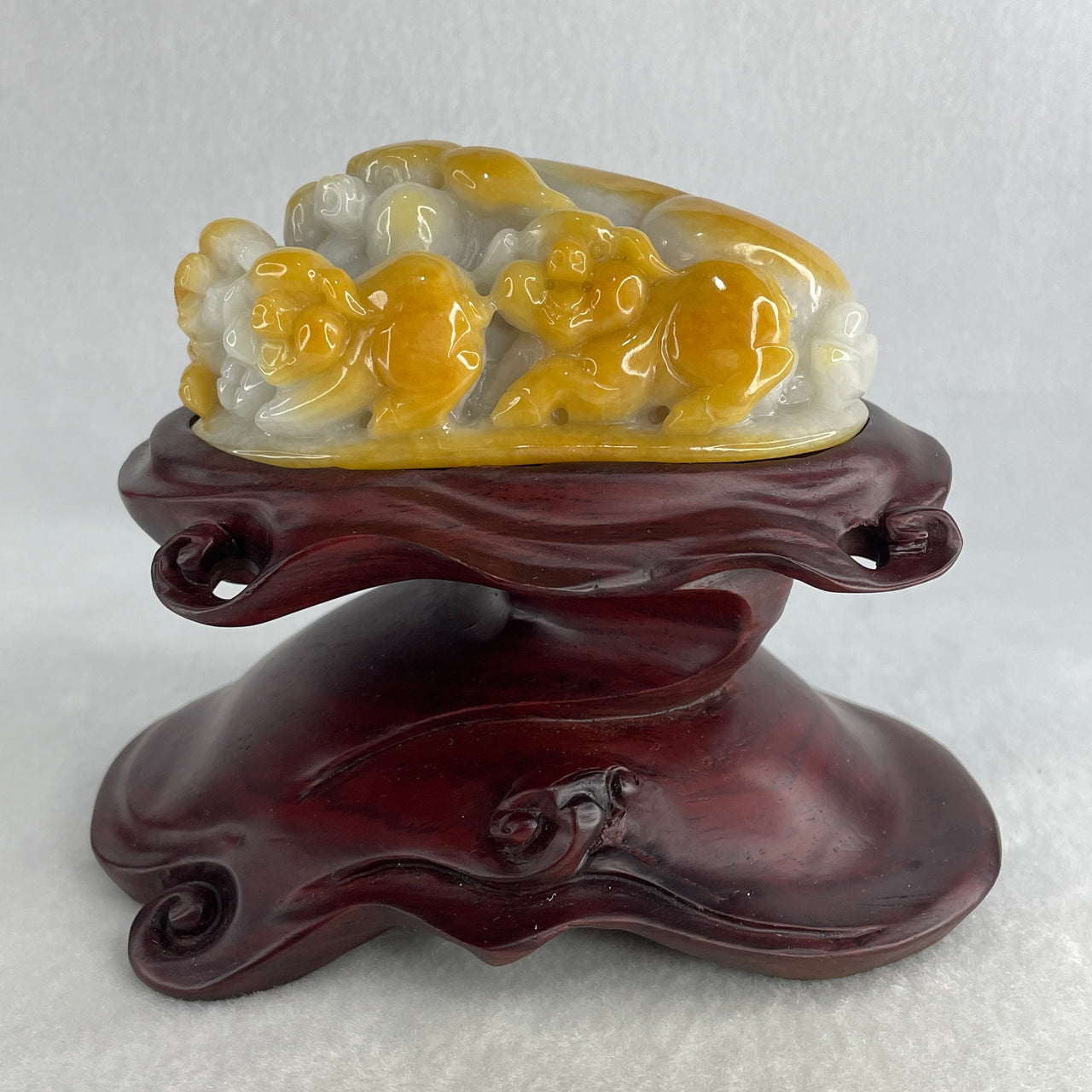 Certified Grand Master Natural Type A Yellow & Light Blueish-Green Jadeite Sculpture | "Golden Pigs Bring Blessings" Imperial Wealth Masterwork | Includes Custom Wooden Stand & Honorary Credentials (448.20g, 95.2x66.3x41.8mm)
