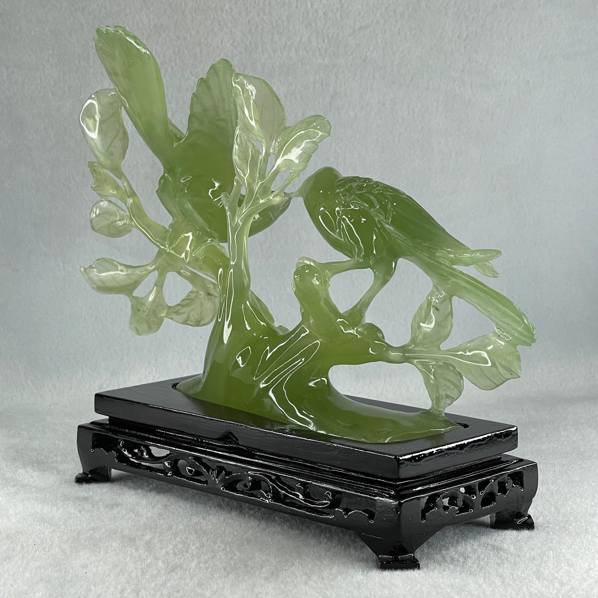 Natural Green Serpentine Double Magpies Birds on Tree with Wooden Stand Display 500.5g 195.0 by 80.0 by 170.0mm - Huangs Jadeite and Jewelry Pte Ltd