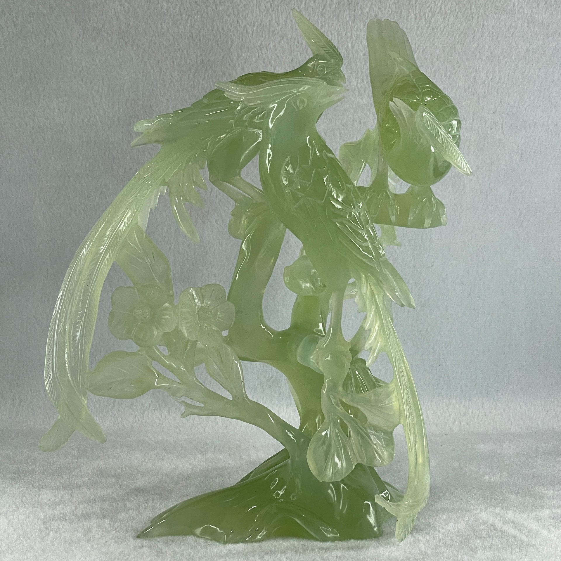 Natural Green Serpentine 3 Phoenix on Tree with Wooden Stand Display 1,022.5g 175.0 by 150.0 by 245.0mm - Huangs Jadeite and Jewelry Pte Ltd