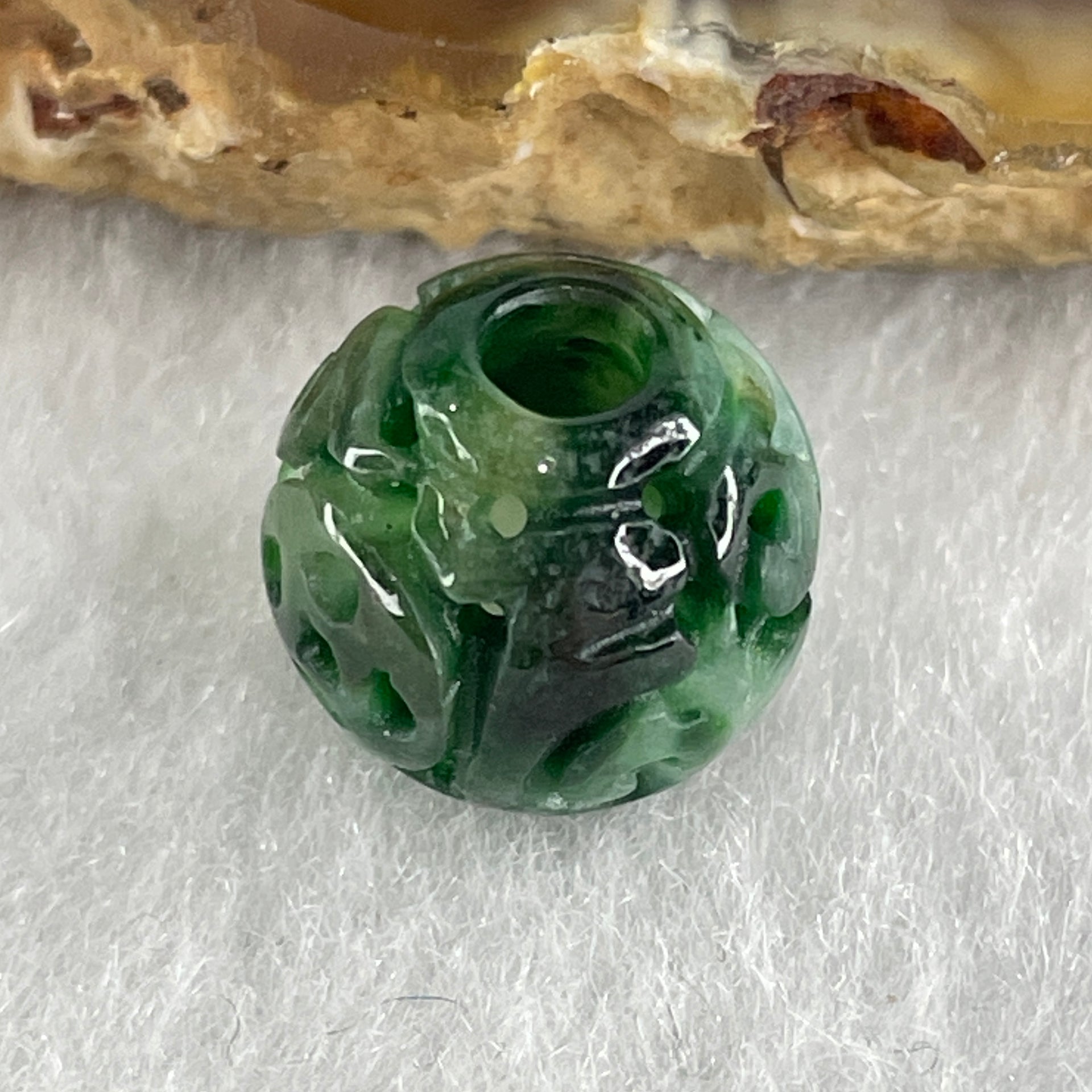 Natural Type A Lao Keng Old Mine Green with Light Green Jadeite Flora Carving Bead Charm 1.37g 11.4mm - Huangs Jadeite and Jewelry Pte Ltd