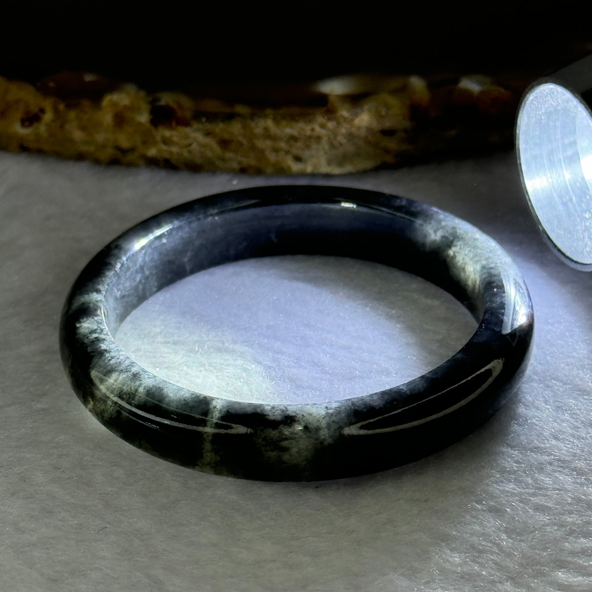 Type A Highly Translucent Black Grey Wuji Jadeite Baby Bangle 13.17g Internal Diameter 36.4mm 7.3 by 5.2mm - Huangs Jadeite and Jewelry Pte Ltd