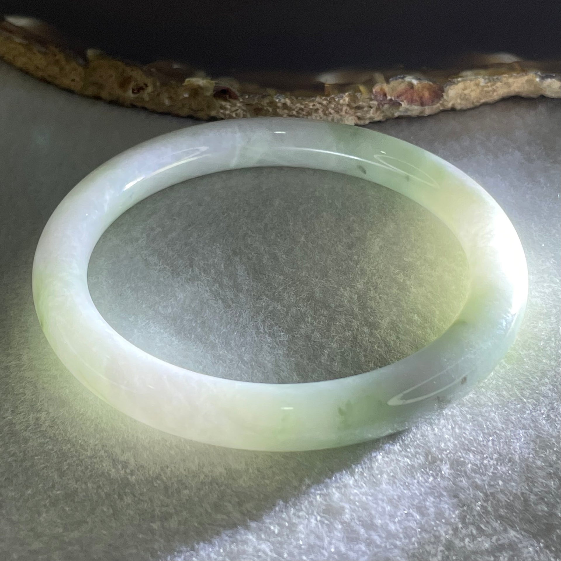 Type A Light Green with Blueish Green piao Hua Floral Jadeite Bangle 37.84g Inner Diameter 57.7mm 8.6 by 9.0mm (Internal Lines) - Huangs Jadeite and Jewelry Pte Ltd
