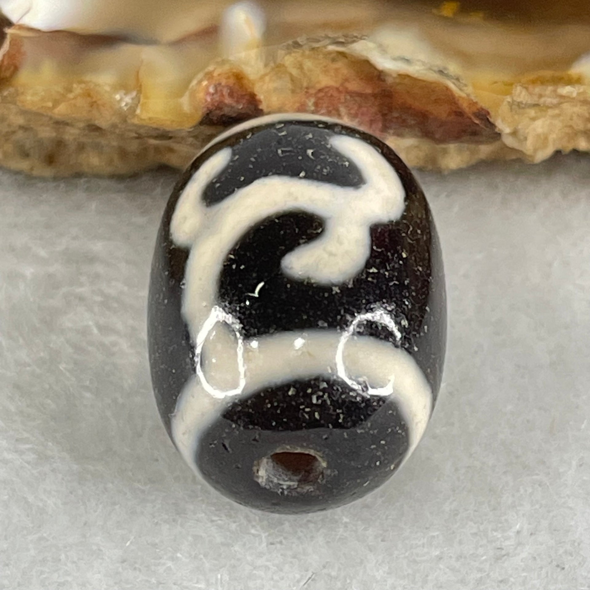 Natural Powerful Tibetan Old Oily Black White Agate Green Tara Dzi Bead Heavenly Master (Tian Zhu) 绿度母天珠 4.12g 17.4 by 12.6mm - Huangs Jadeite and Jewelry Pte Ltd