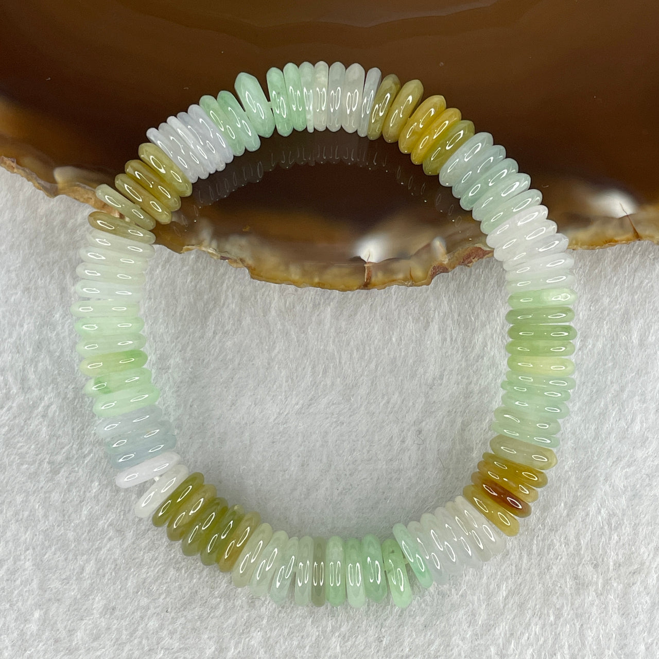Certified Natural Type A Light Green Light Lavender with Yellow Jadeite Donut Abacus Shape Beads Bracelet 31.09g 15cm 9.0mm 85 Pieces